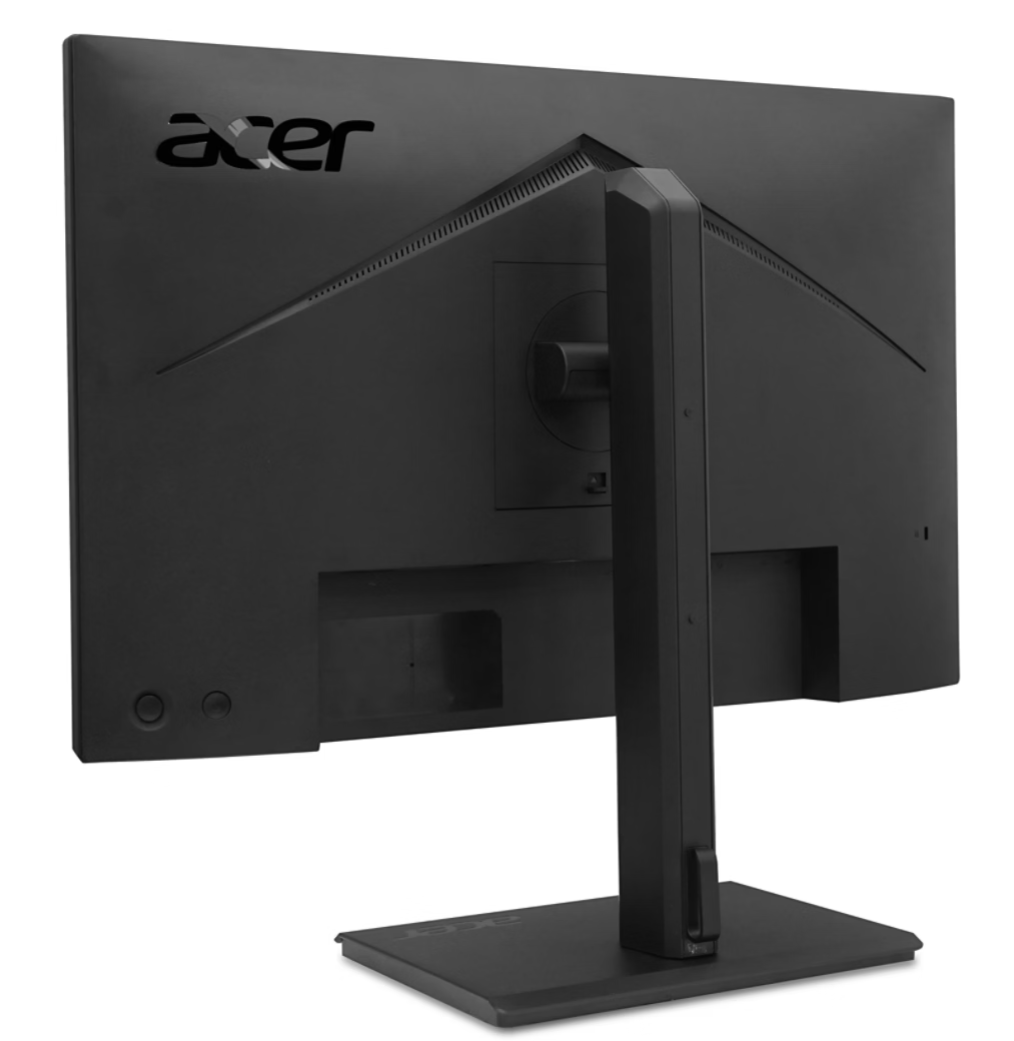 Fekete Acer monitor hátulnézete állvánnyal, fehér háttér előtt.