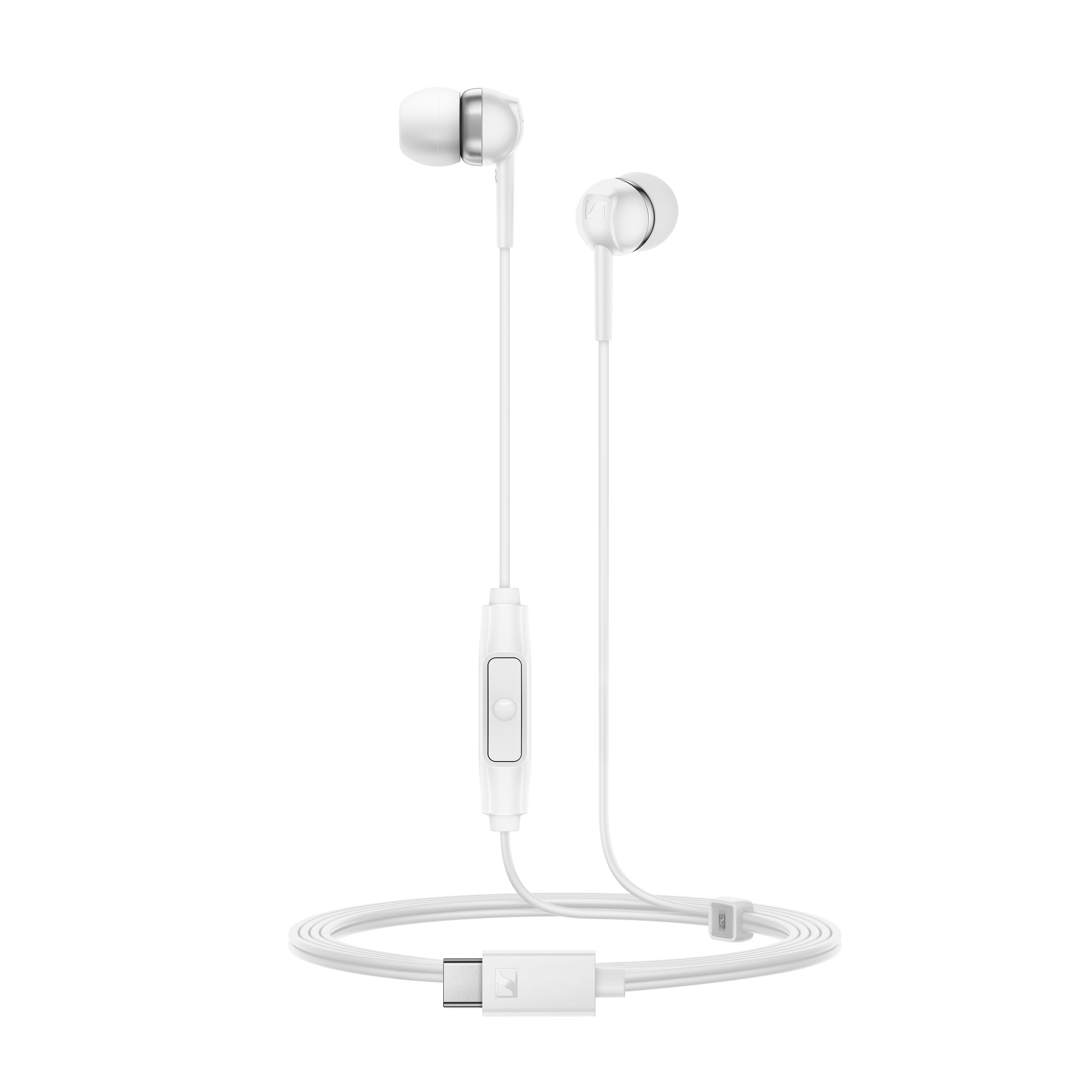 USB-C konnektörlü ve kumandalı beyaz kulaklıklar.