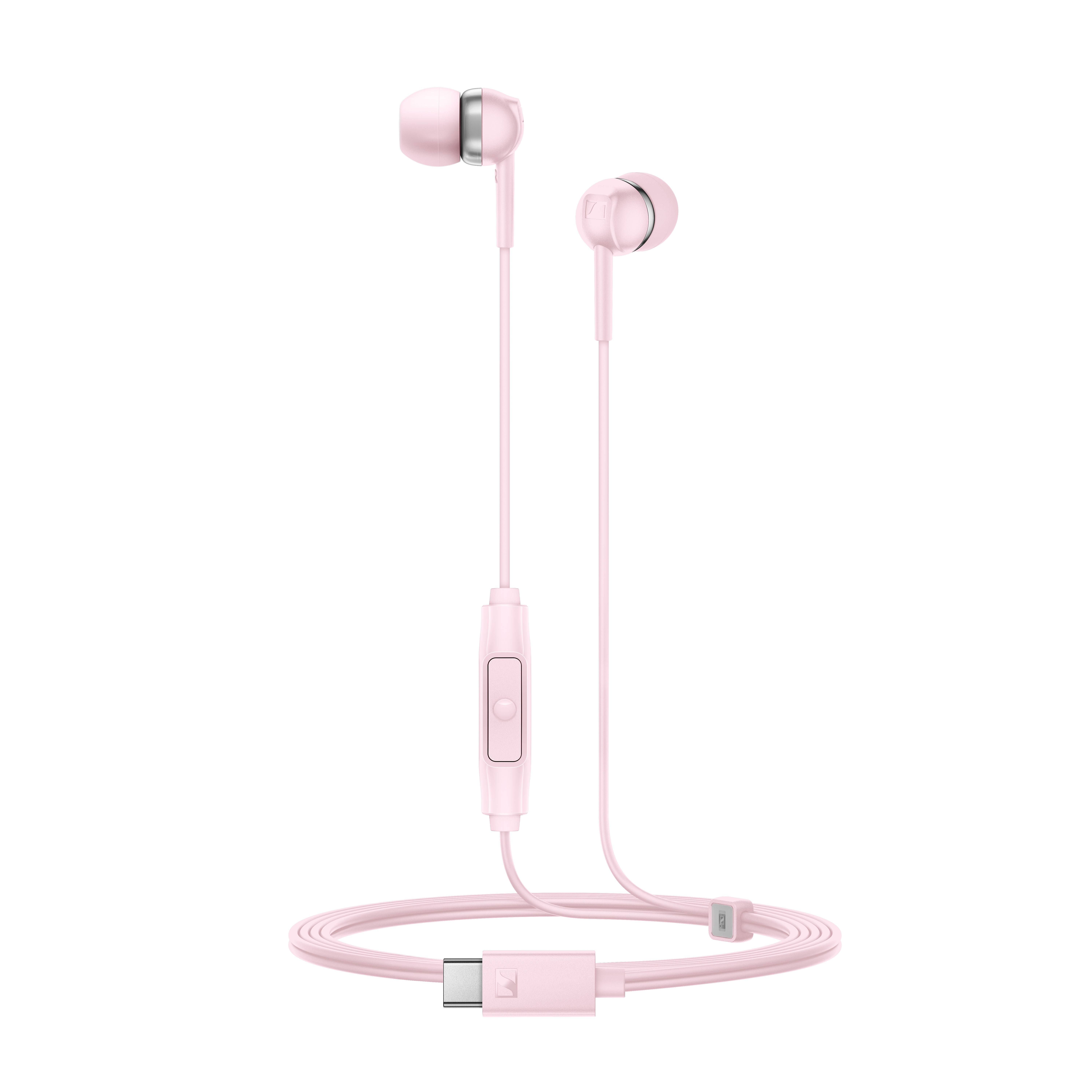 Beyaz arka plan üzerinde USB-C konektörlü ve kumandalı pembe kablolu kulaklık.