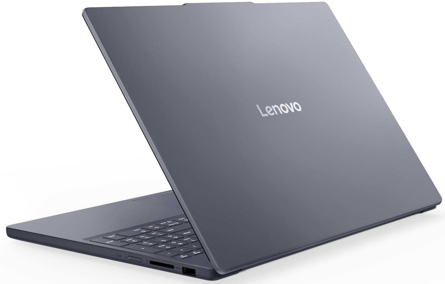 Egy szürke Lenovo laptop, félig nyitva, billentyűzettel és portokkal.