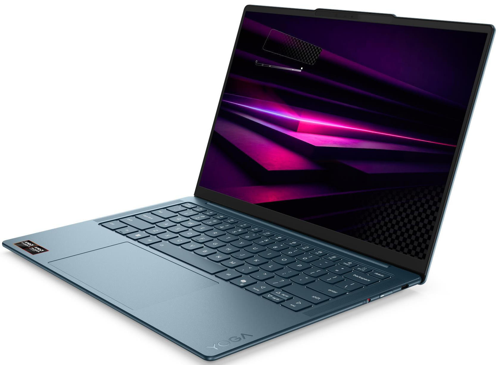 Kék laptop háttérvilágítású billentyűzettel és absztrakt lila/rózsaszín képernyőanimációval.