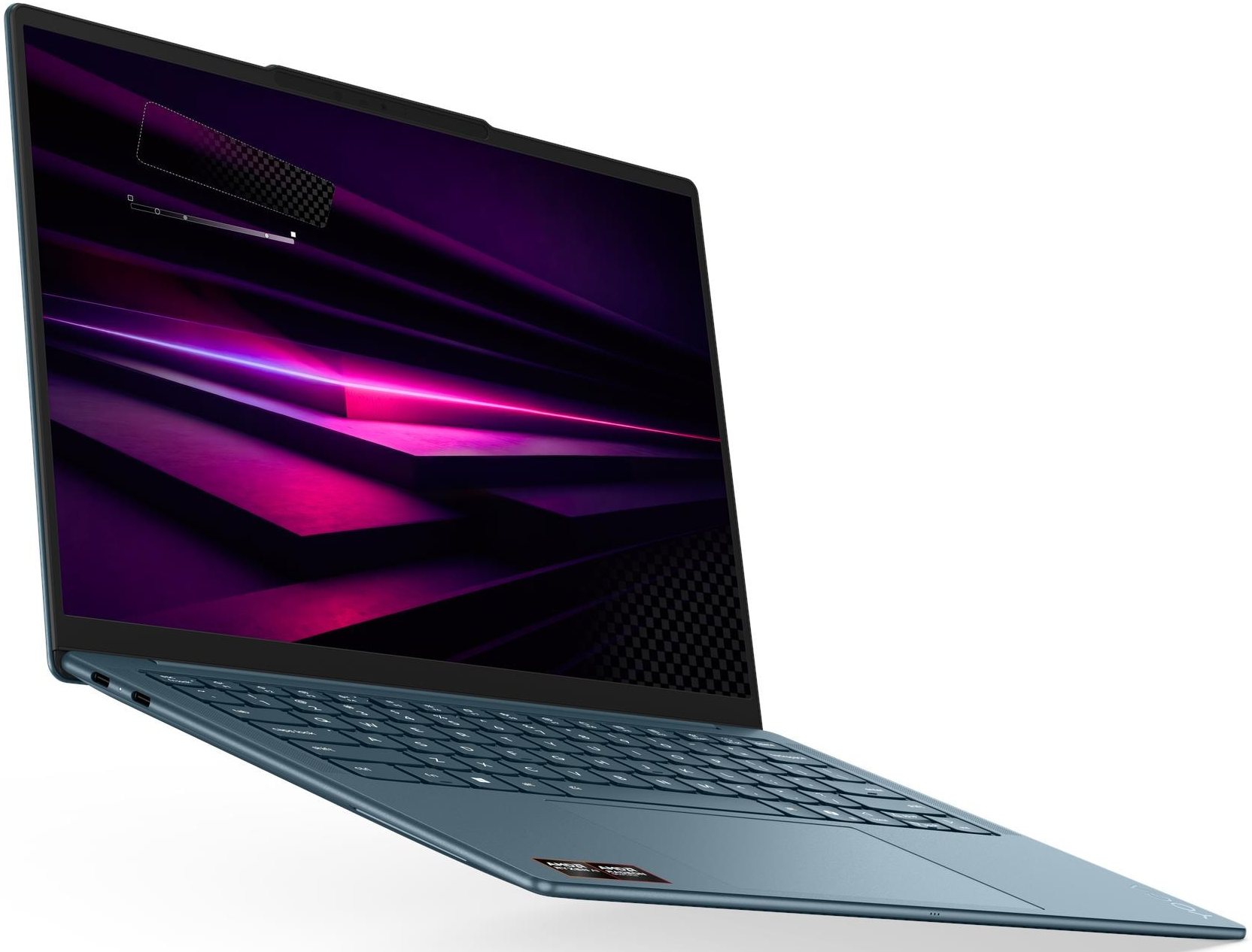 Egy kék laptop billentyűzettel és egy lila absztrakt mintát megjelenítő képernyővel.