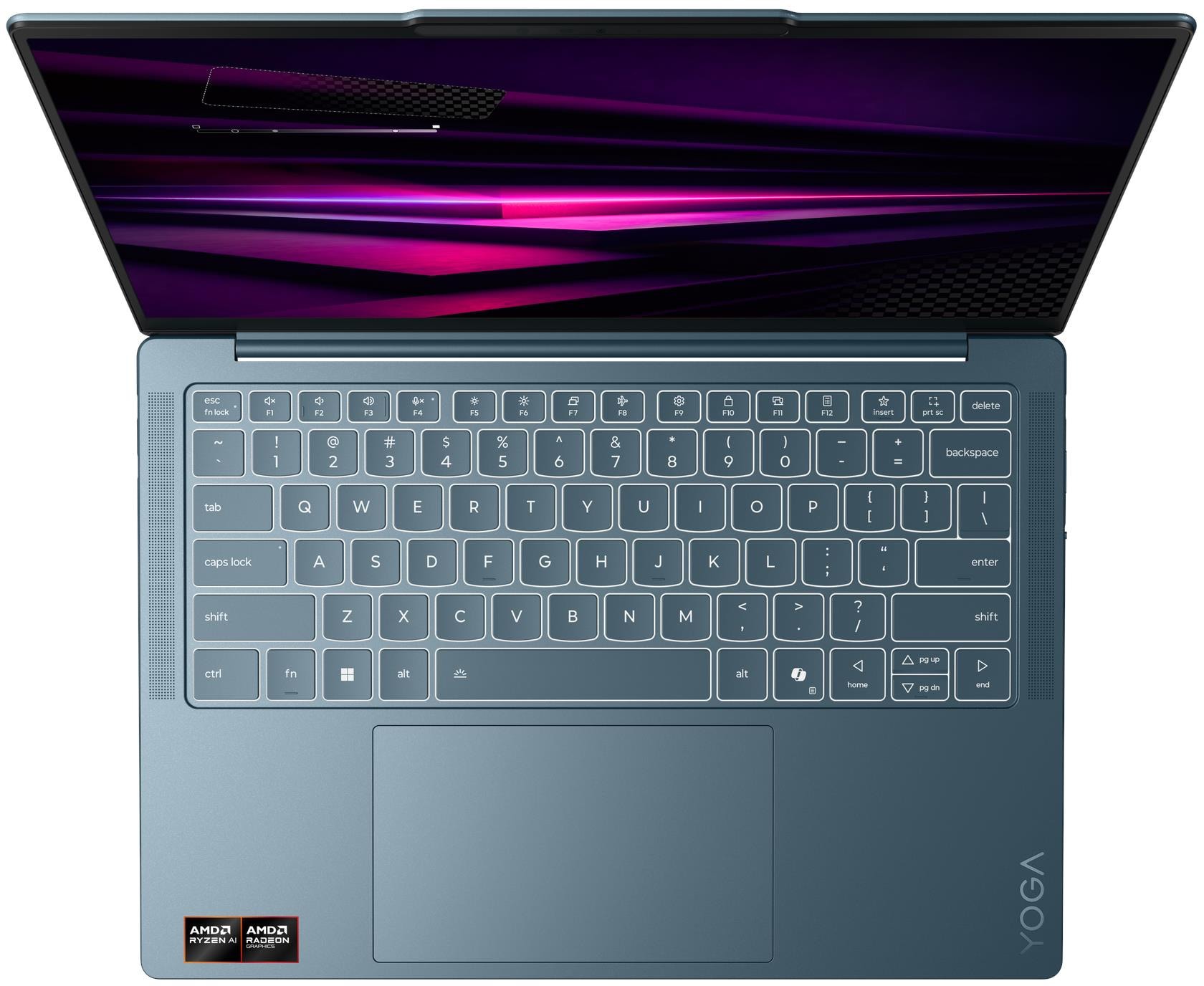 Egy kék laptop nyitva van, billentyűzetet és absztrakt lila és rózsaszín vonalakkal ellátott képernyőt mutat.