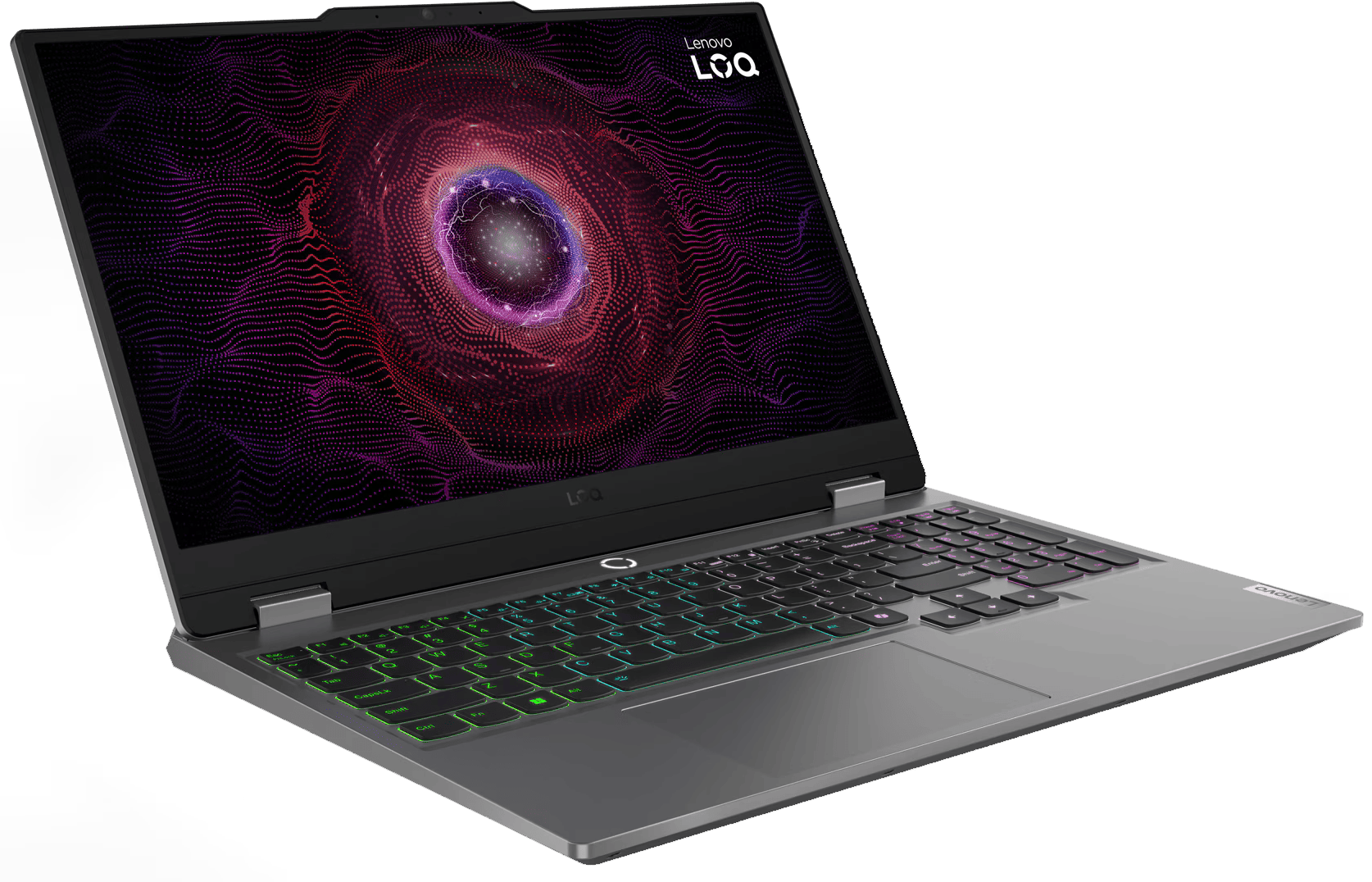 Szürke Lenovo laptop háttérvilágított billentyűzettel és absztrakt háttérrel.