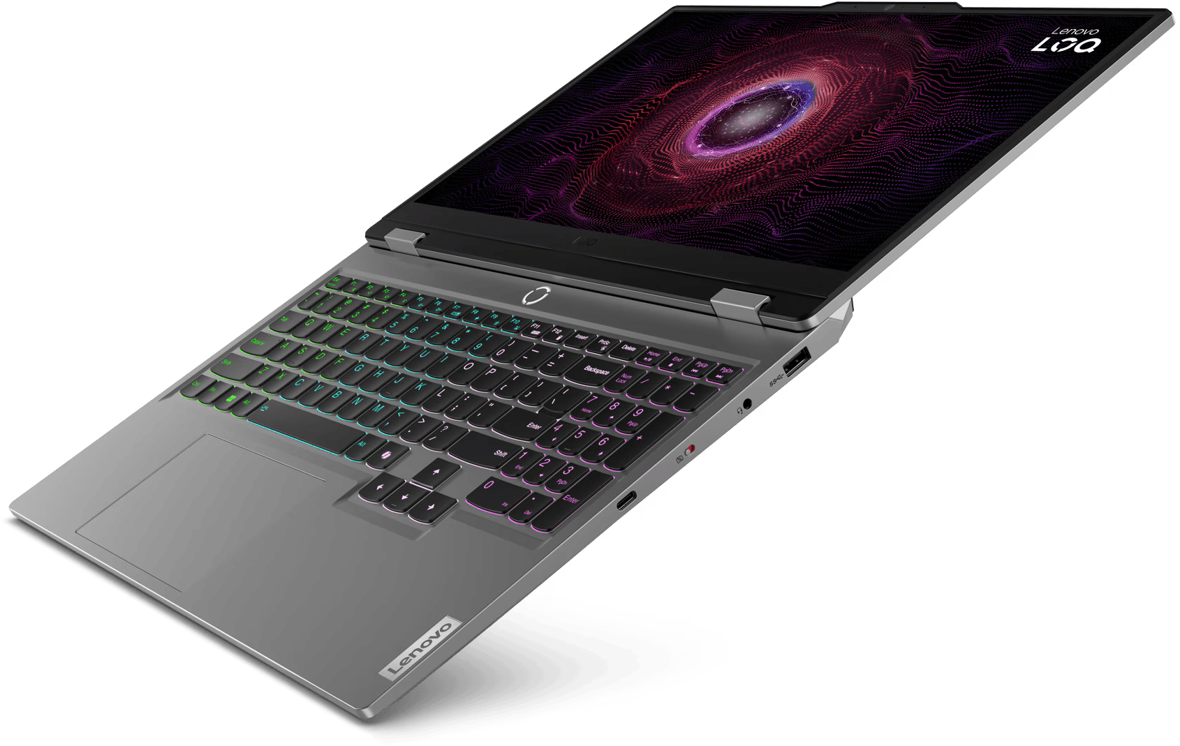 Egy nyitott Lenovo laptop háttérvilágított billentyűzettel és absztrakt háttérképpel.