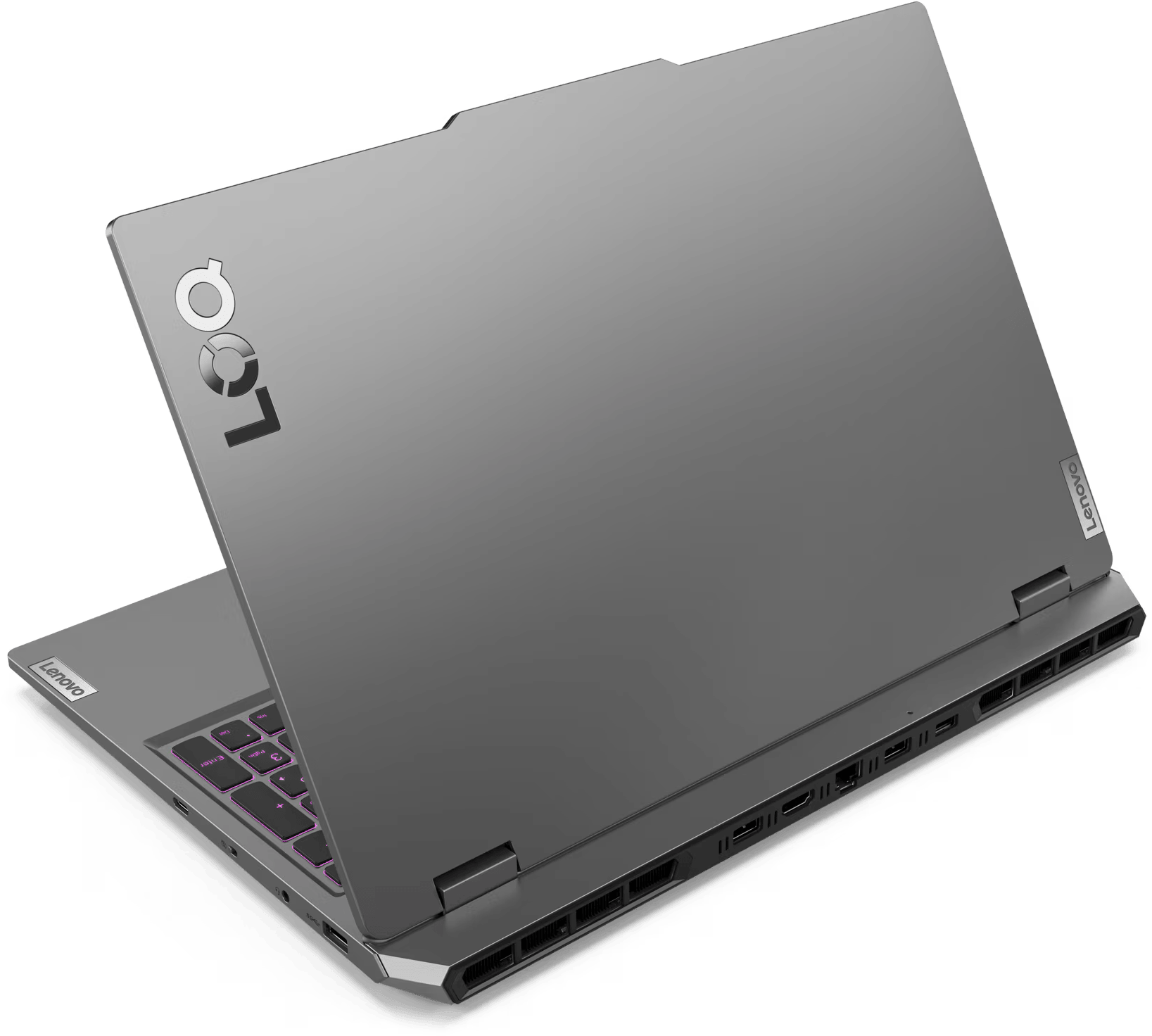 Szürke laptop világító billentyűzettel és logóval.