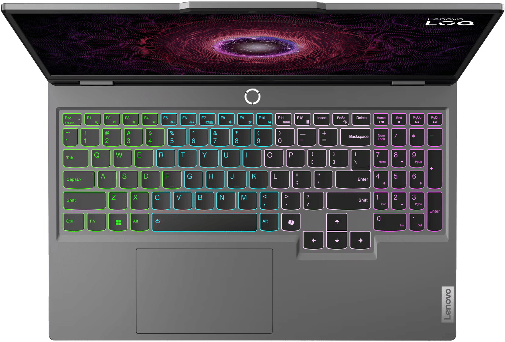 Egy nyitott laptop, háttérvilágítású billentyűzettel és absztrakt háttérképpel.
