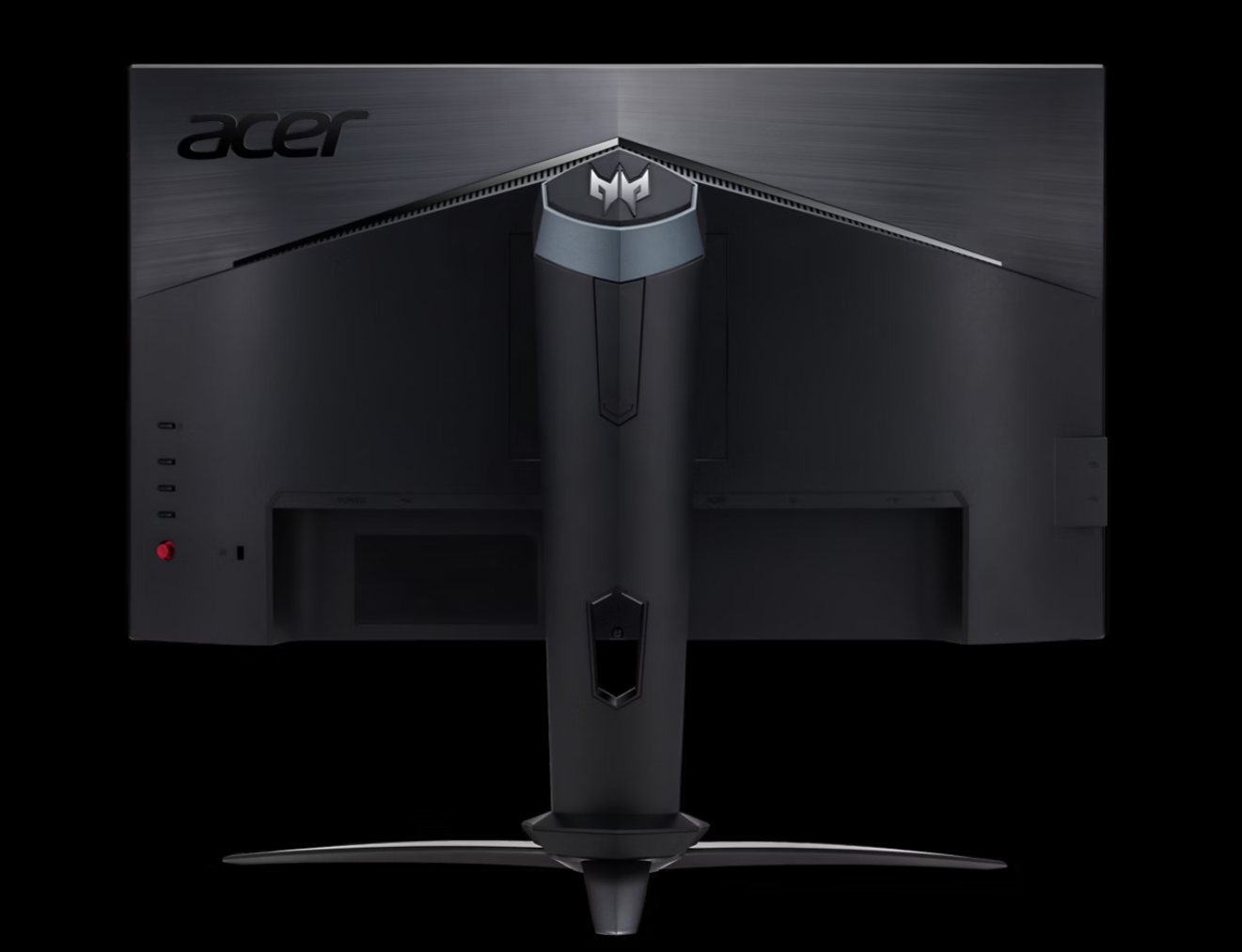 Fekete Acer Predator monitor hátulnézete, ezüst logóval és állvánnyal.