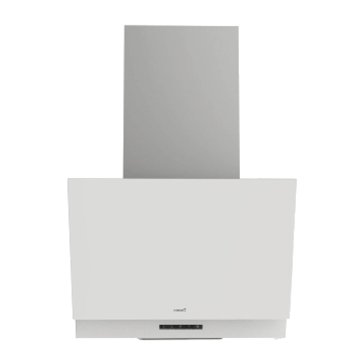 Una campana extractora blanca con chimenea plateada y panel de control.