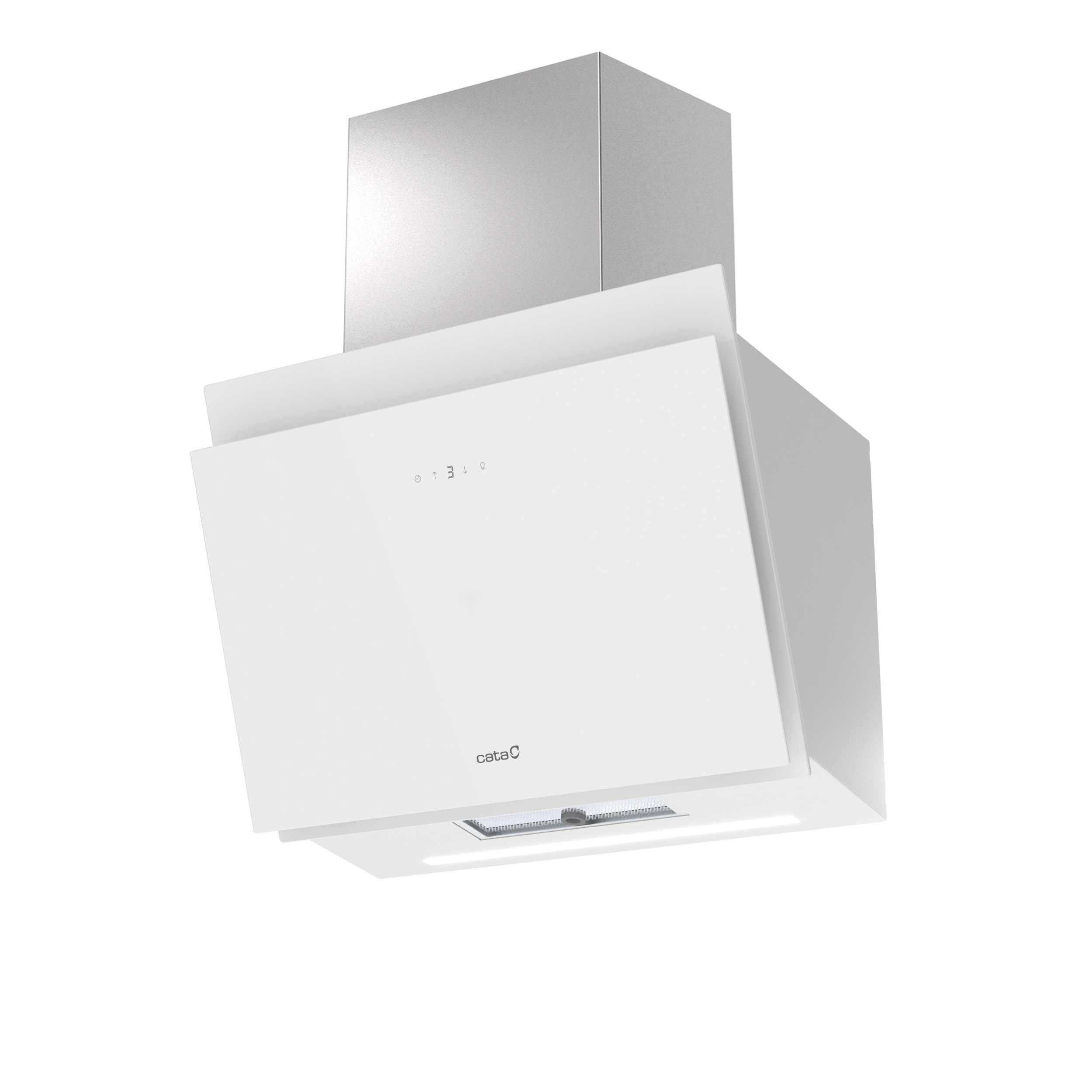 Moderna campana extractora blanca con detalles de acero inoxidable.