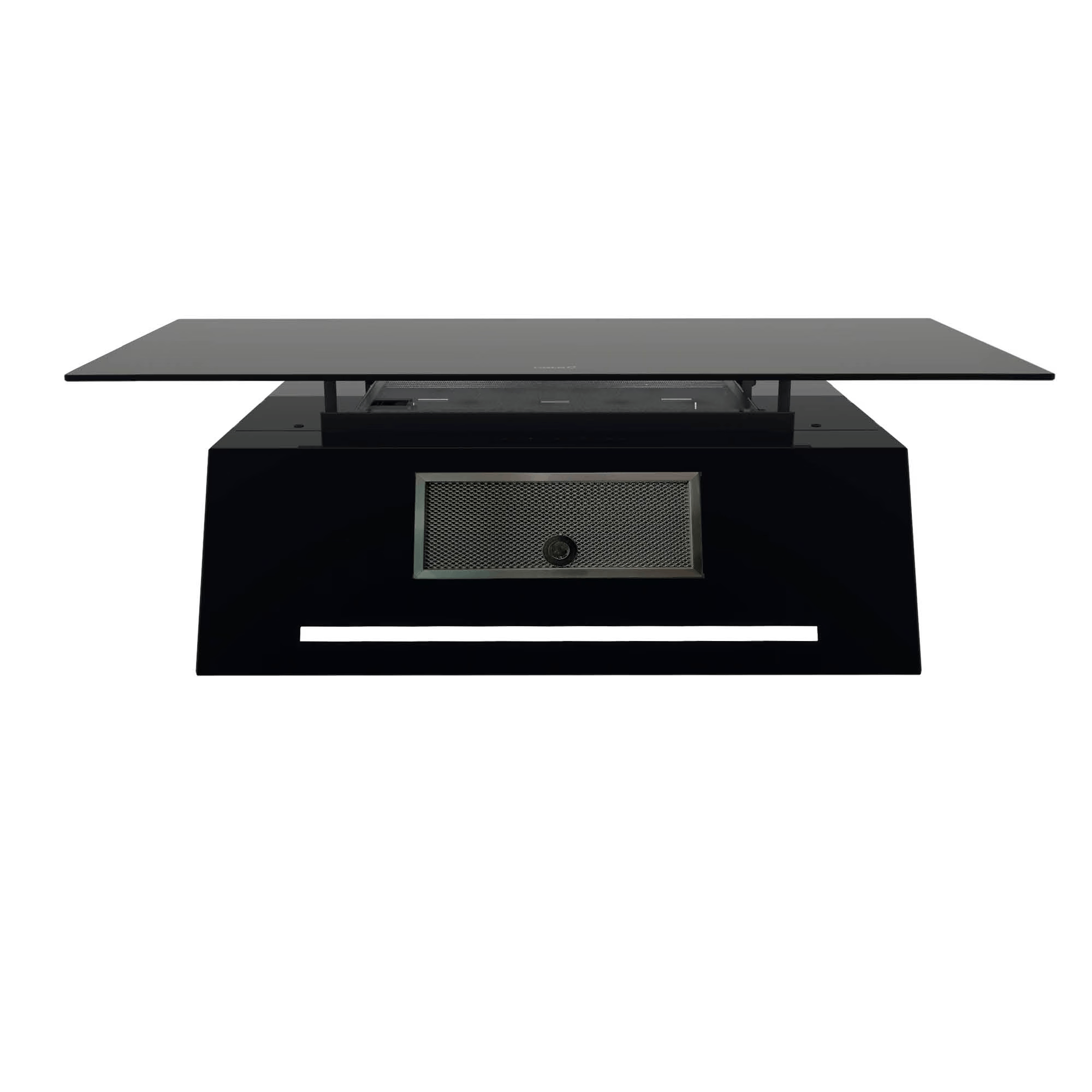 Mesa negra con tapa de cristal y rejilla de ventilación delante.