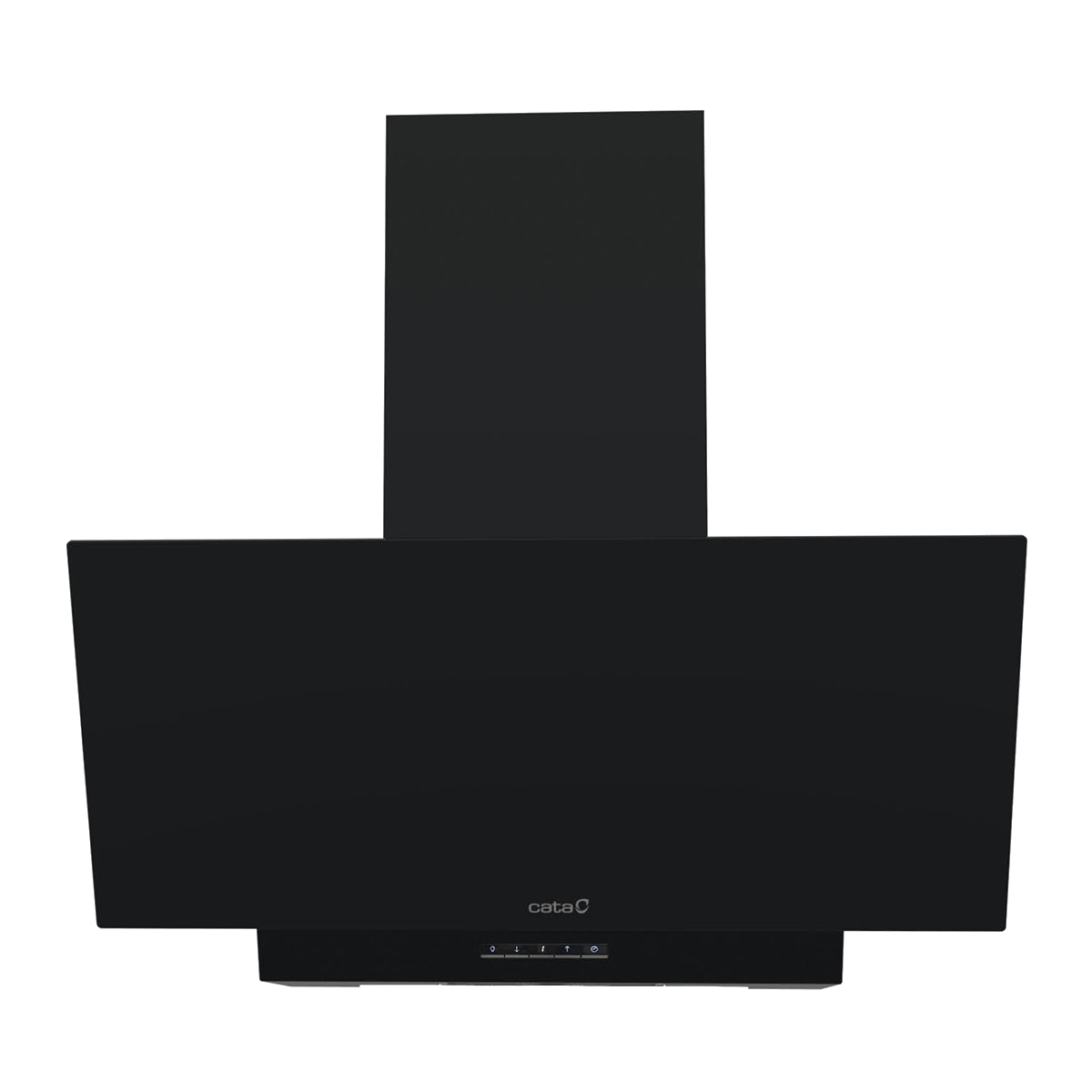 Campana extractora negra con panel de control y logo "cata C".