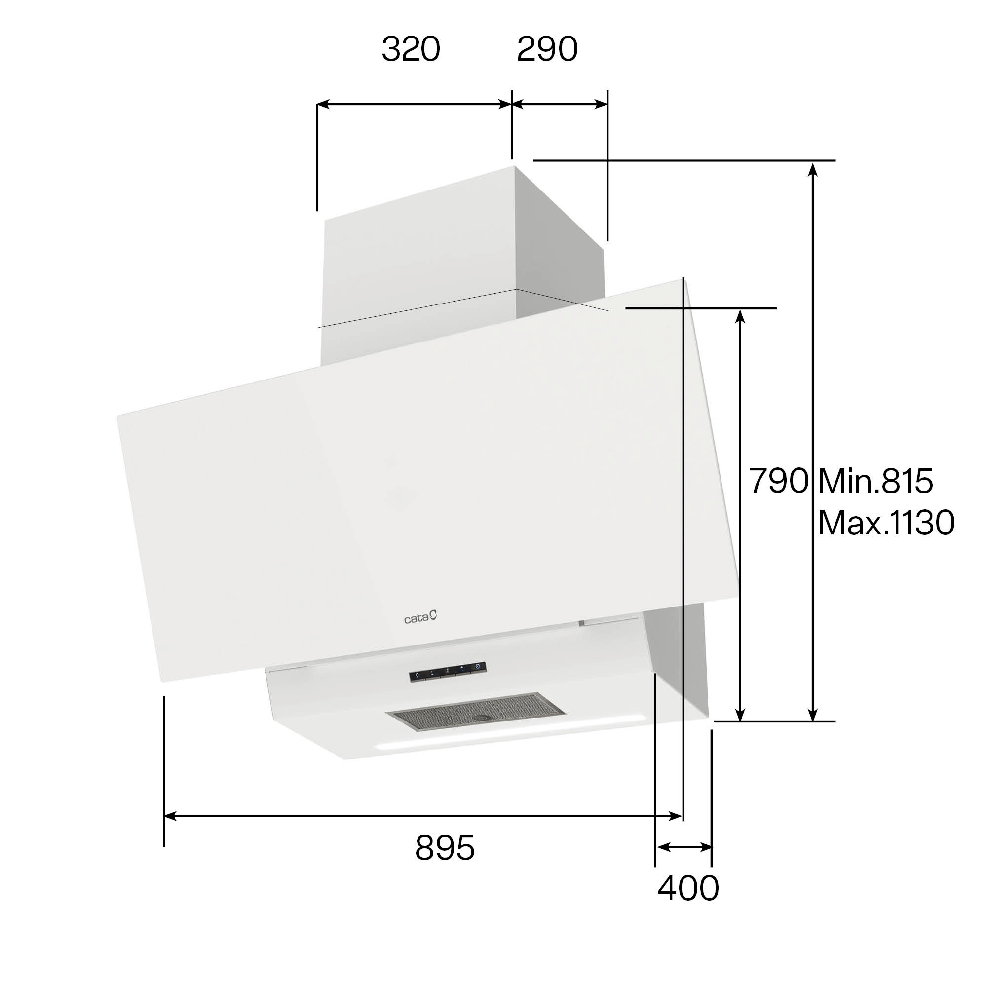 Campana extractora blanca con dimensiones: ancho 895mm, fondo 400mm.