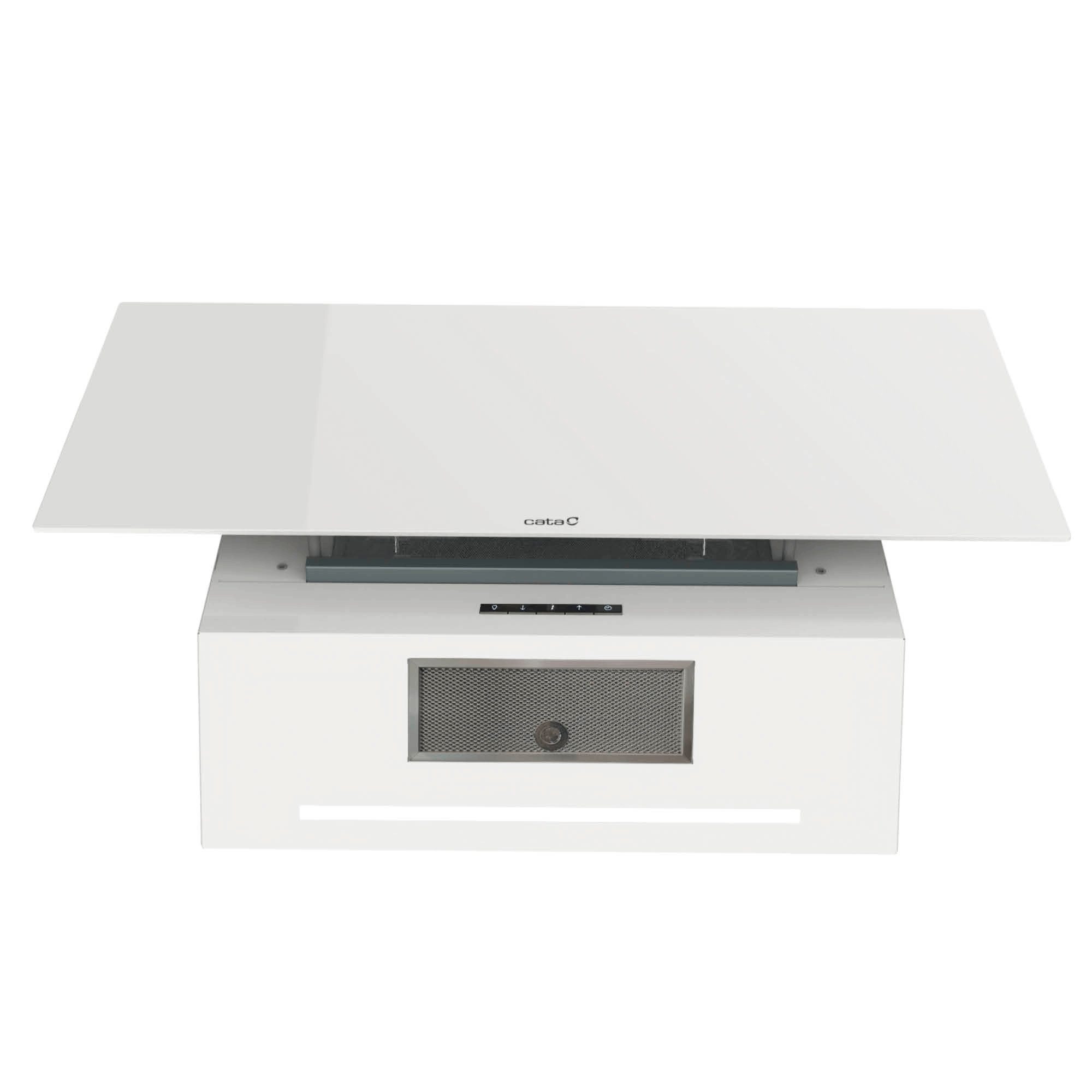 Una campana extractora blanca moderna con tapa de cristal y panel táctil.
