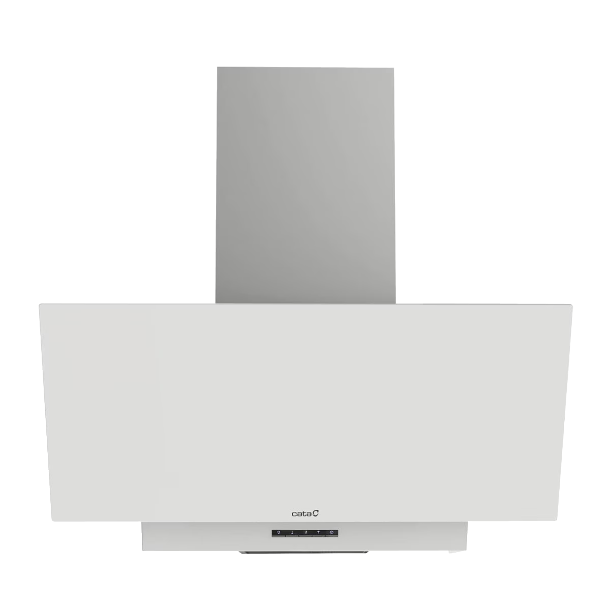Una campana extractora blanca con chimenea plateada y panel de control.