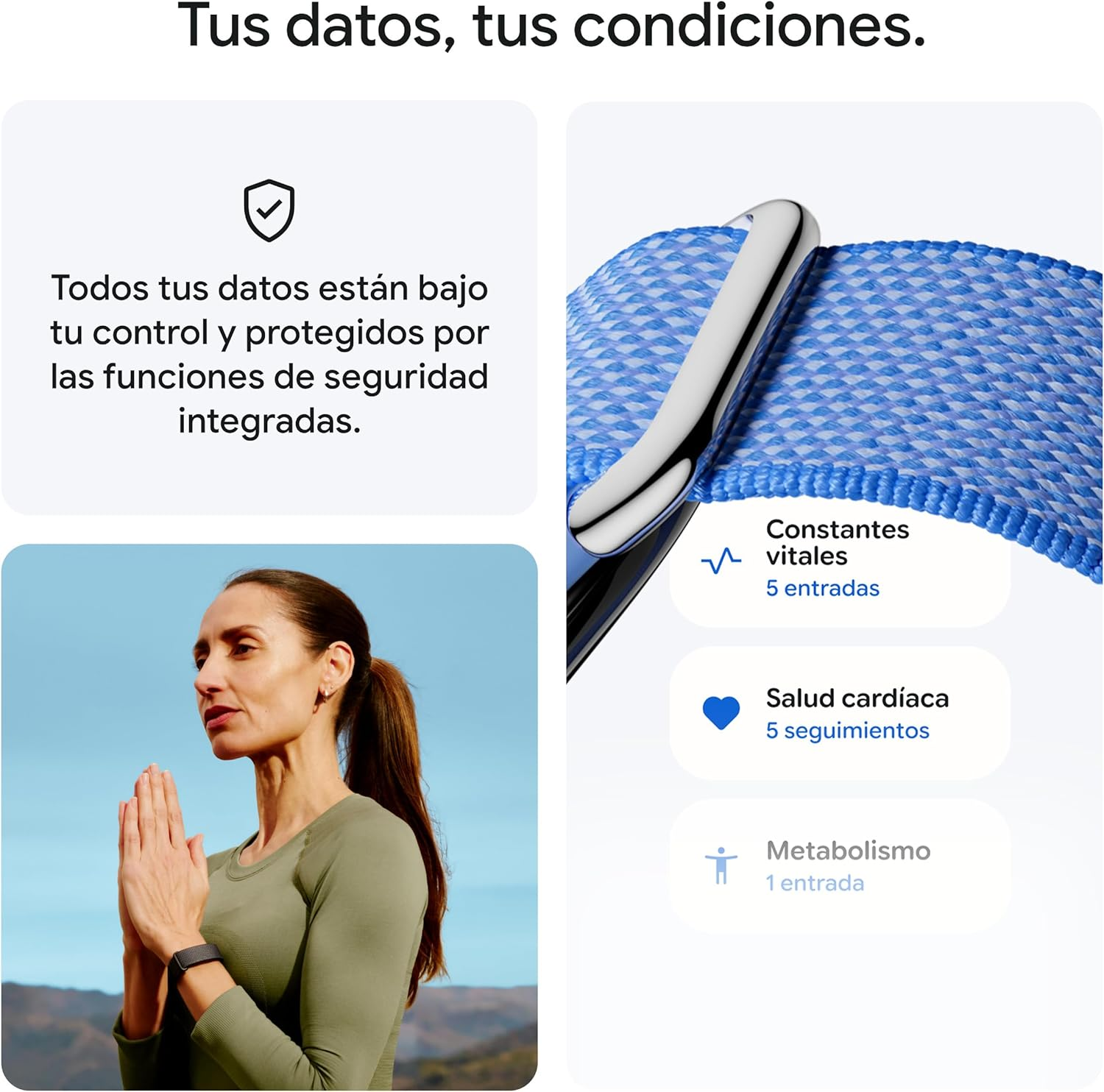 Mujer meditando, smartwatch, constantes vitales, salud cardíaca, metabolismo.