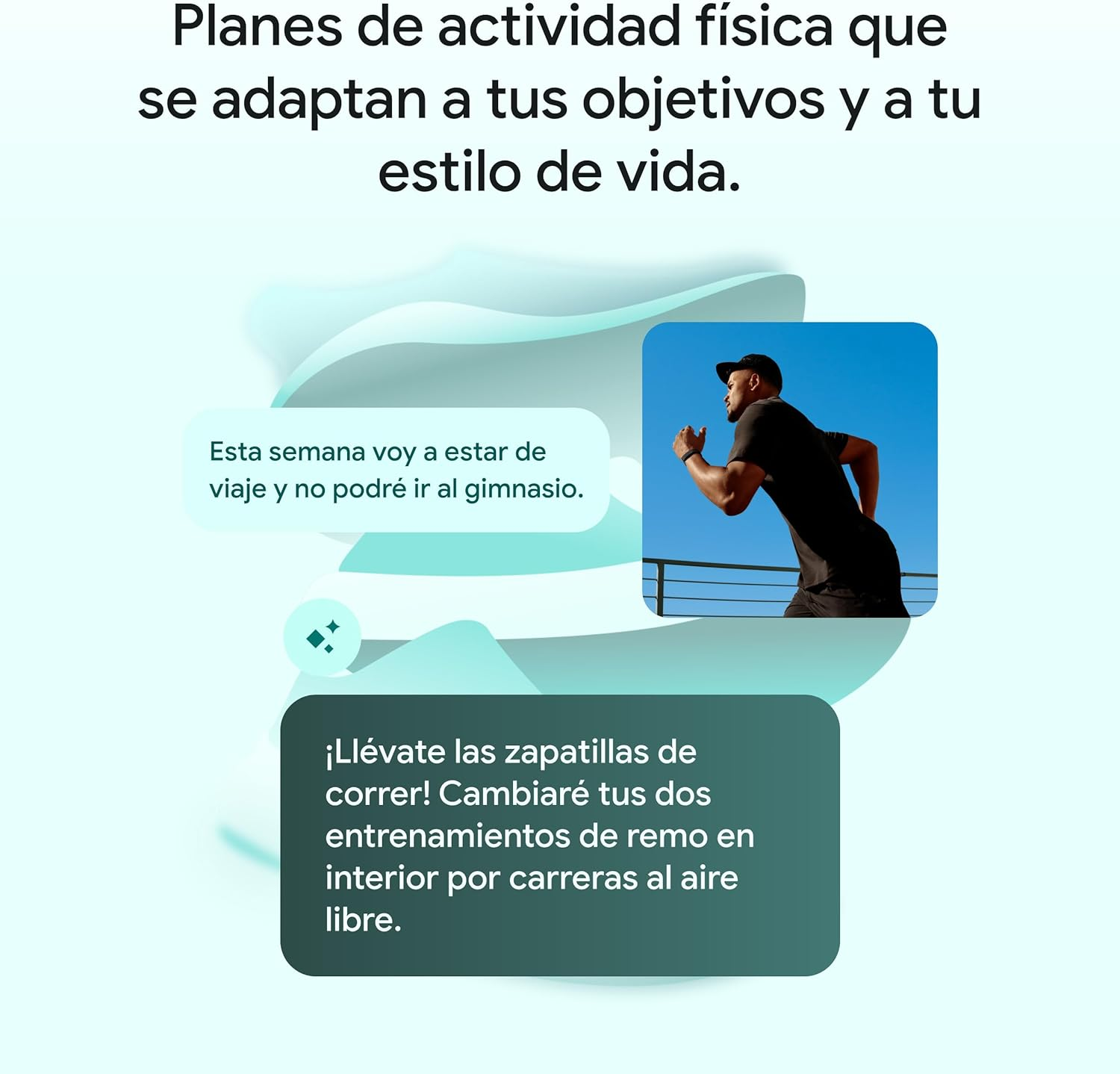 Hombre corriendo al aire libre con texto sobre planes de fitness.