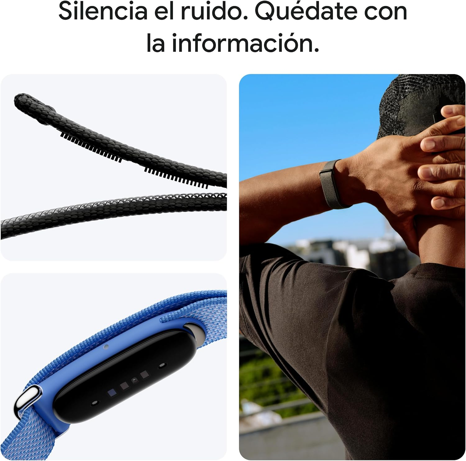Primer plano de un cable negro y una pulsera azul con pantalla negra.