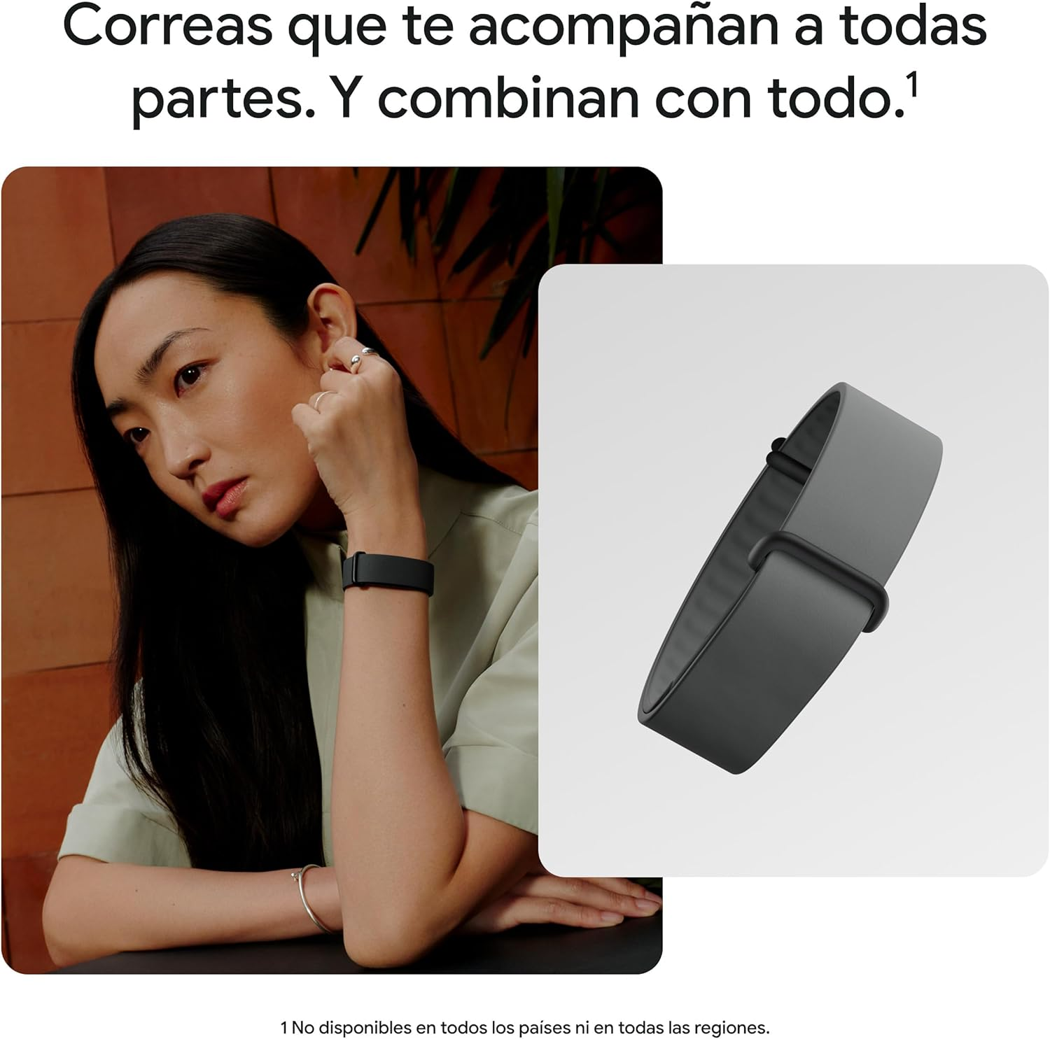Mujer con correa de reloj negra. Primer plano de una correa de reloj gris.