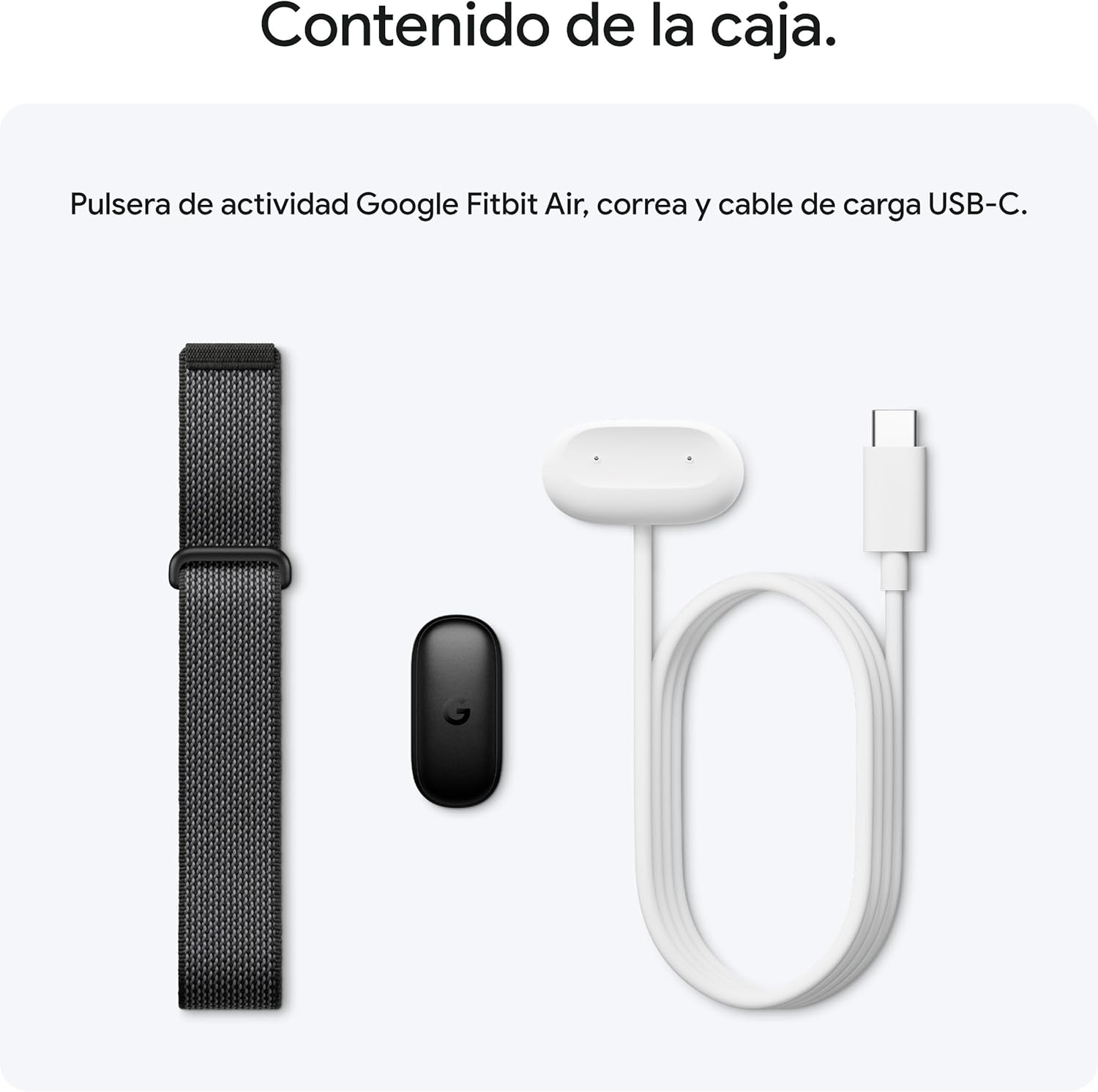 Pulsera de actividad Google Fitbit Air, correa y cable USB-C.