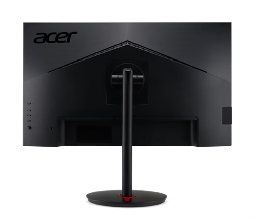 Egy fekete Acer monitor hátulja, kerek talppal és piros díszítéssel.