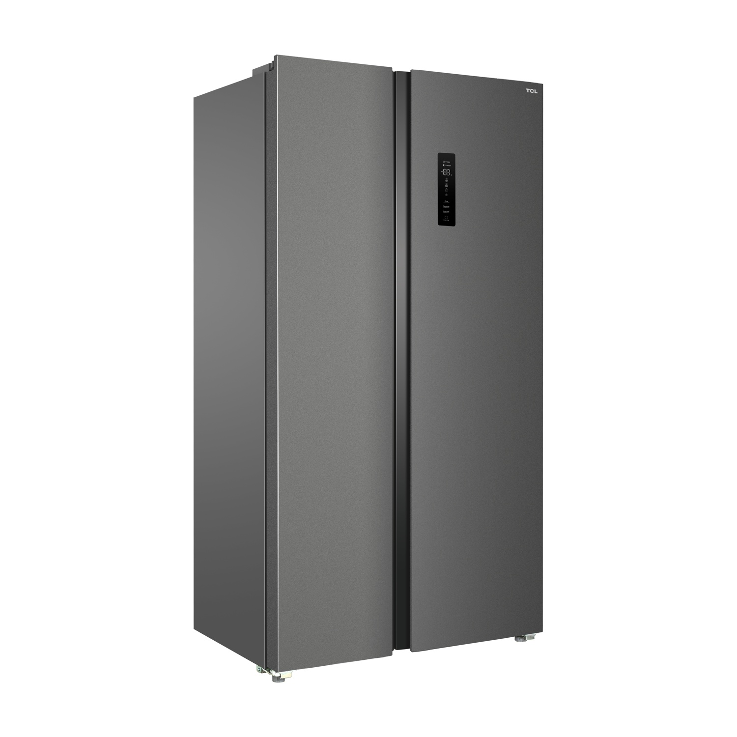 Un frigorifero TCL grigio a due porte con display digitale.