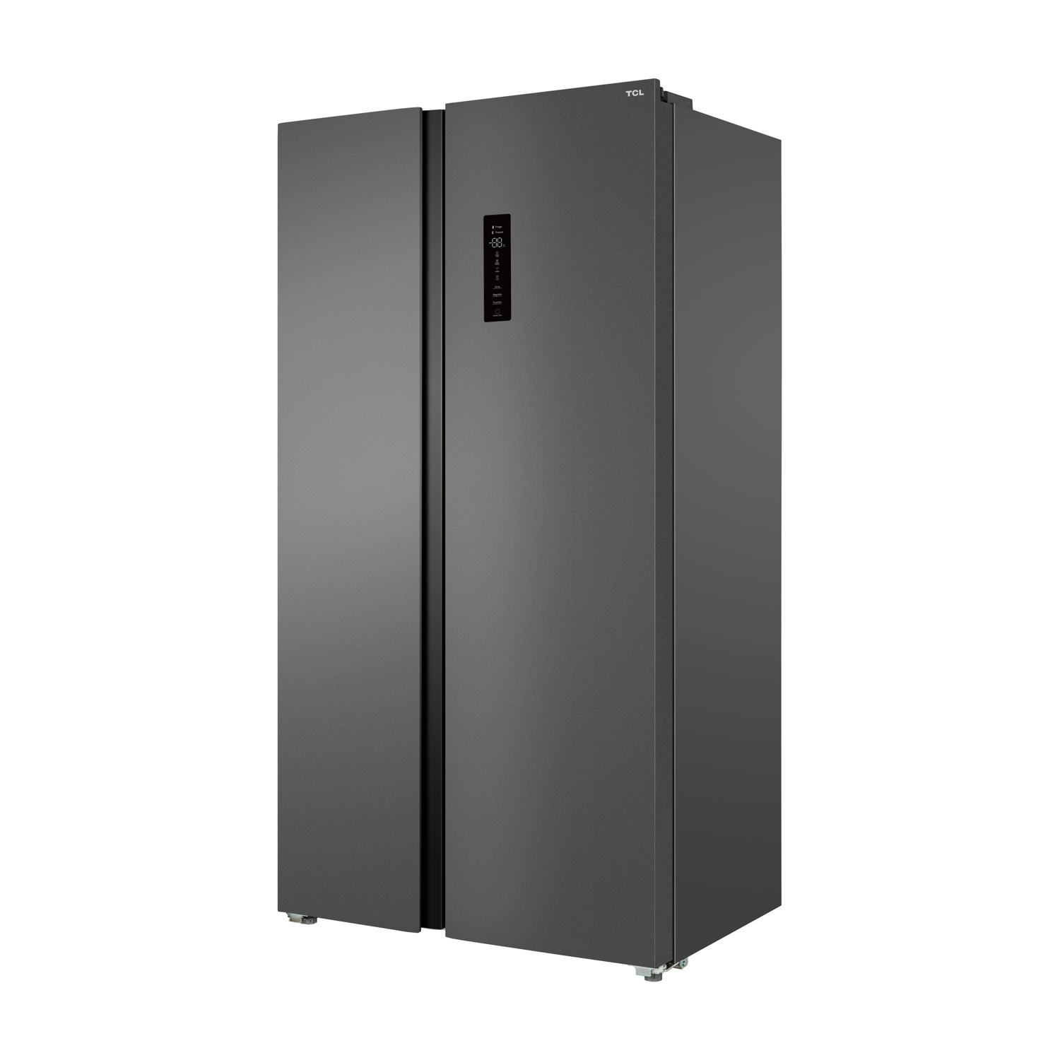 Un frigorifero grigio scuro, side-by-side, con display digitale sulla porta.