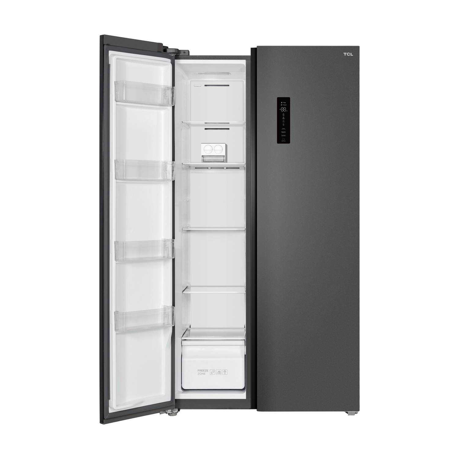 Un frigorifero moderno grigio scuro con una porta aperta, che rivela l'interno.