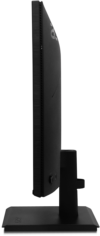 Egy fekete számítógép monitor profilból, állványon.