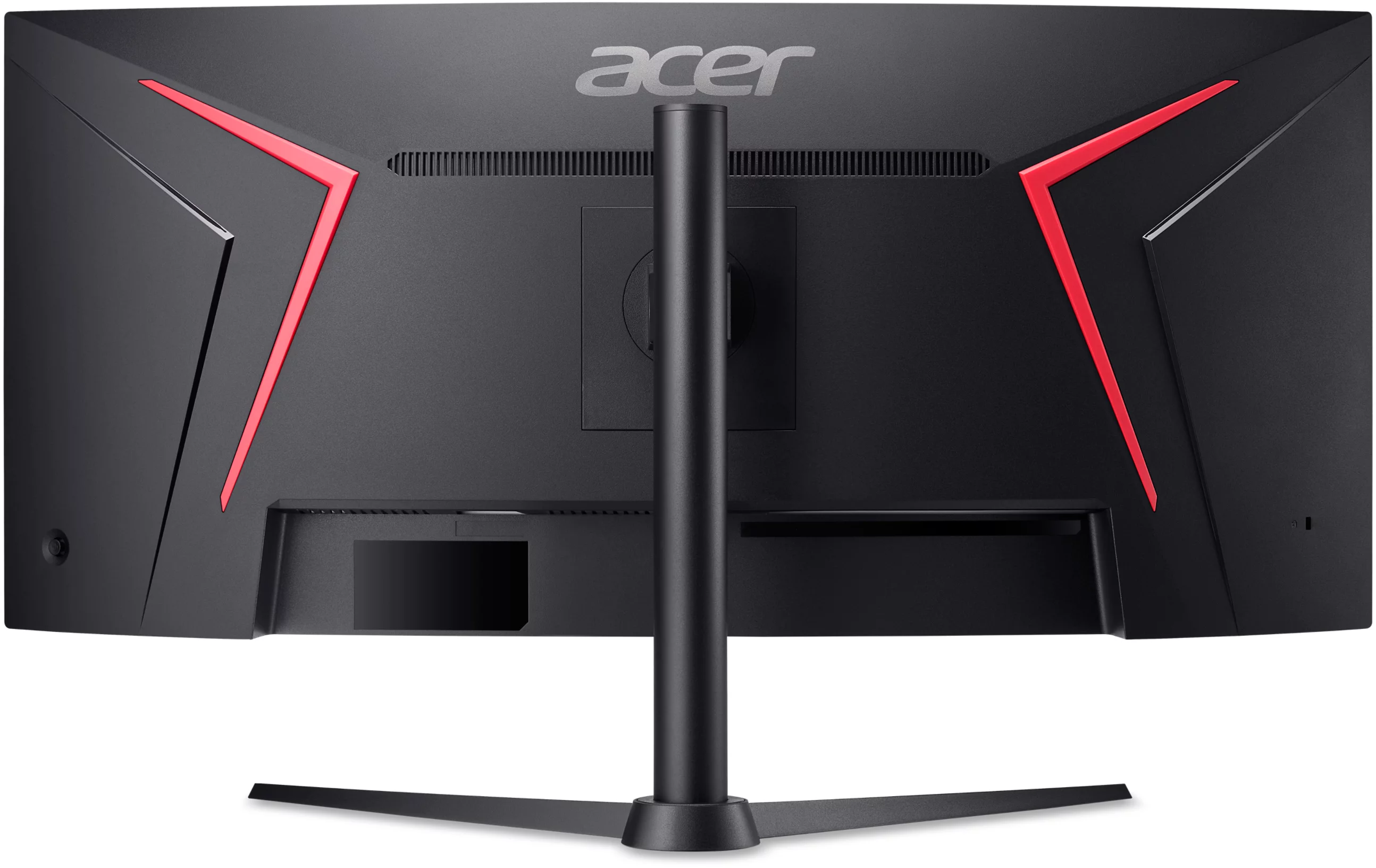 Fekete Acer monitor hátulja piros díszítéssel és állvánnyal.