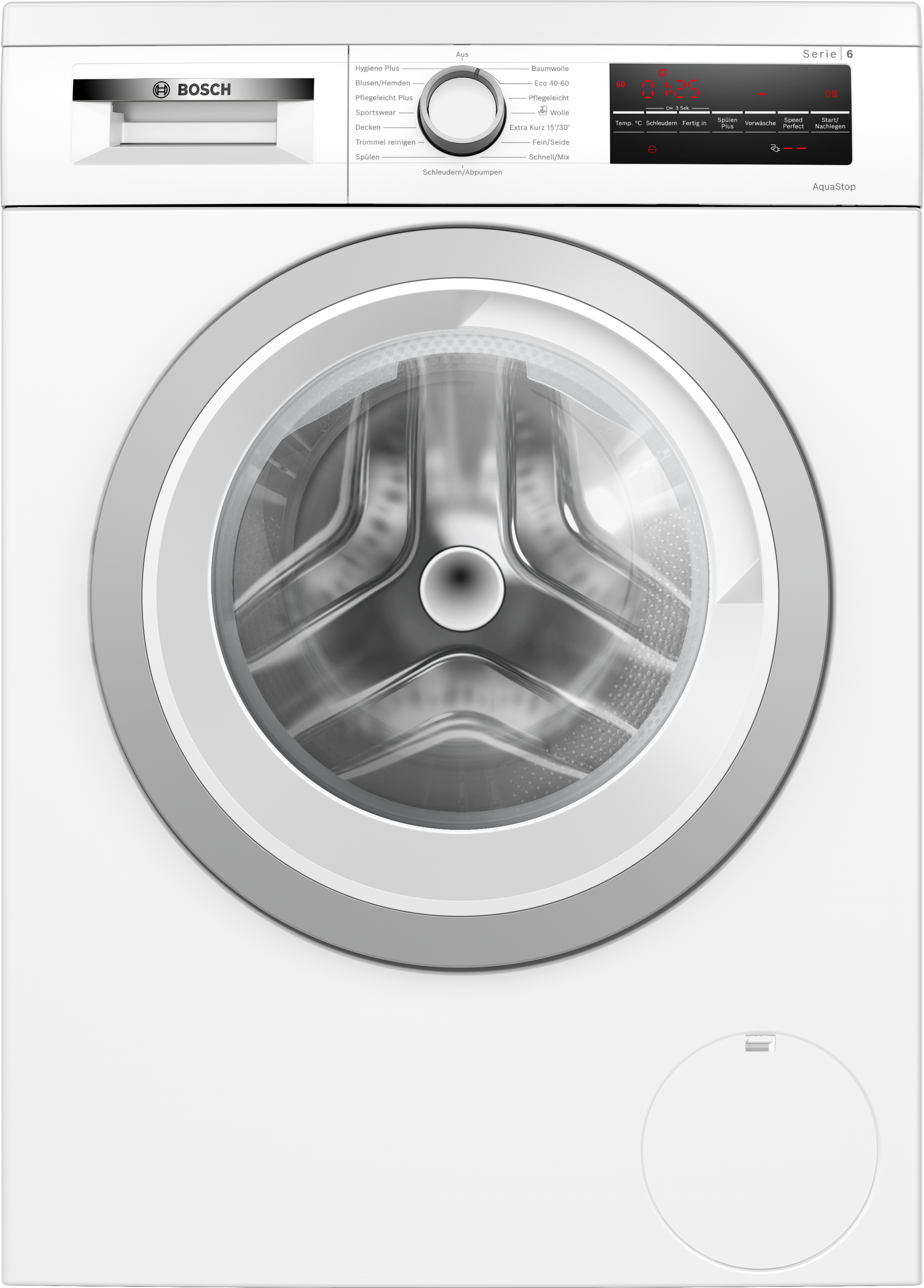 Eine weiße Bosch Waschmaschine der Serie 6 mit silbernem Bullauge und Display.