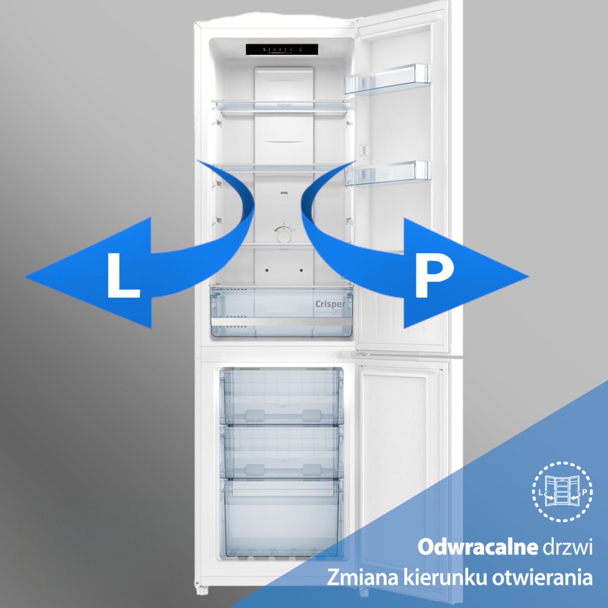 Pustá biała lodówka z otwartymi drzwiami i niebieskimi strzałkami wskazującymi L i P.