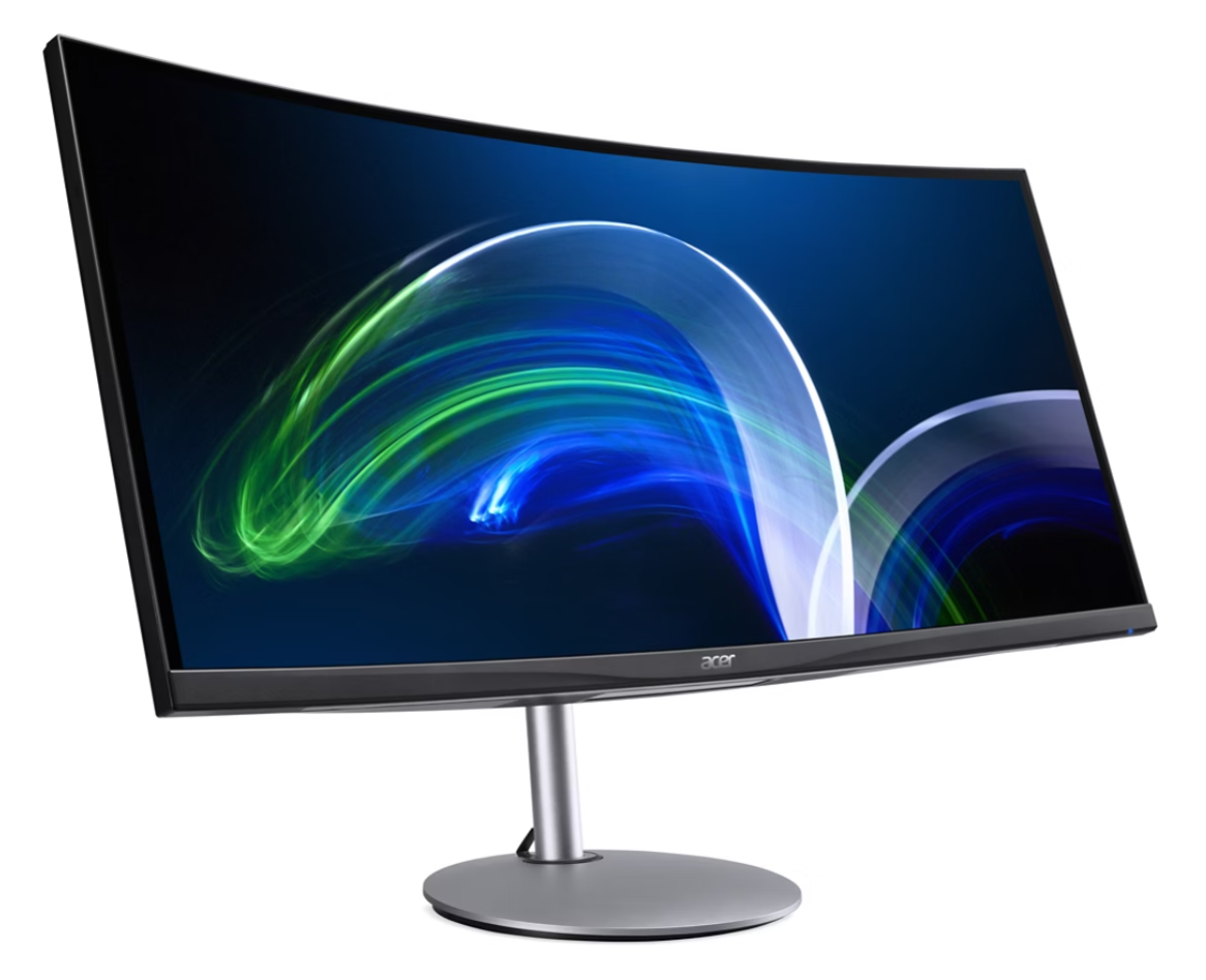 Egy ívelt Acer monitor képernyőjén absztrakt kék és zöld minta látható.