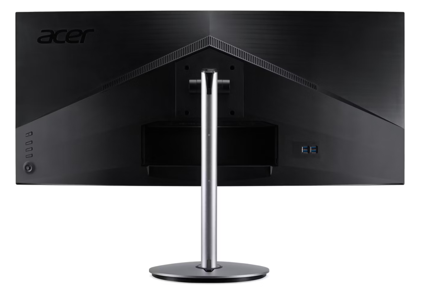 Fekete Acer monitor hátulnézete ezüst állvánnyal és portokkal.