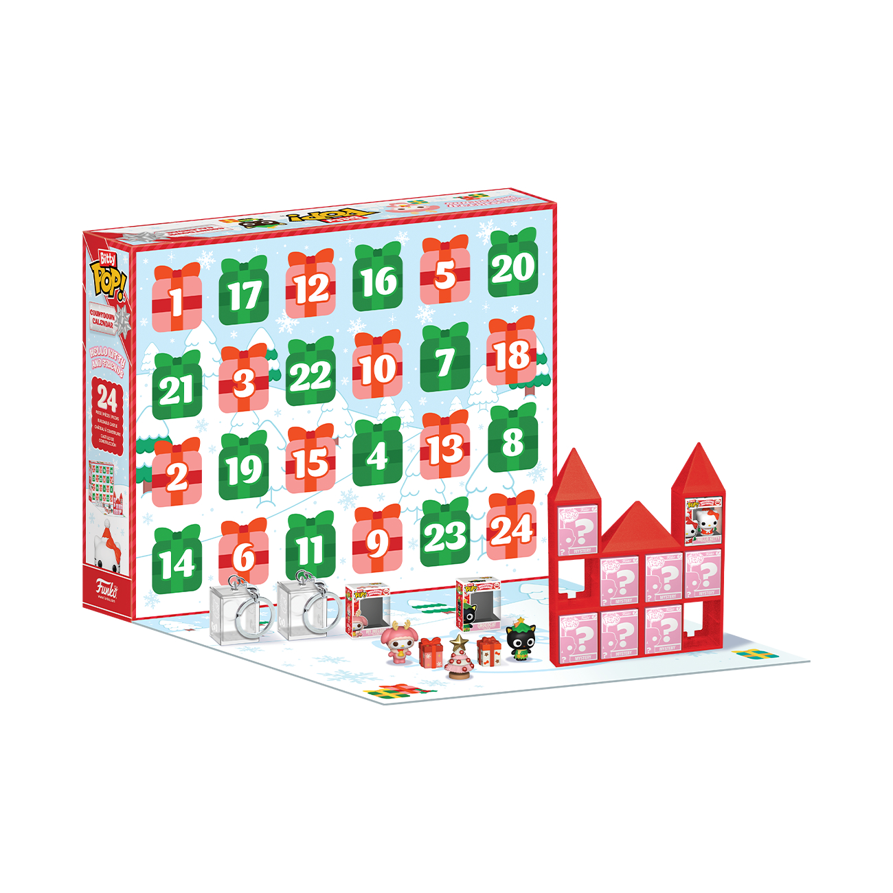 Ein Hello Kitty Funko Pop Adventskalender mit 24 Türen und kleinen Figuren.