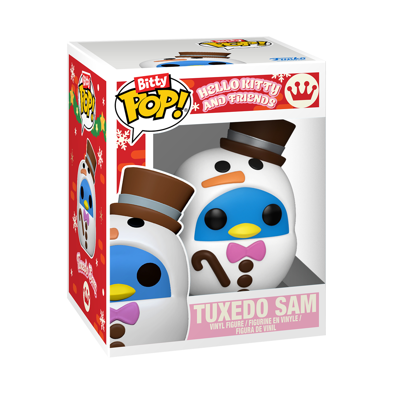 Funko Pop Box mit Tuxedo Sam als Schneemann mit braunem Hut und rosa Schleife.