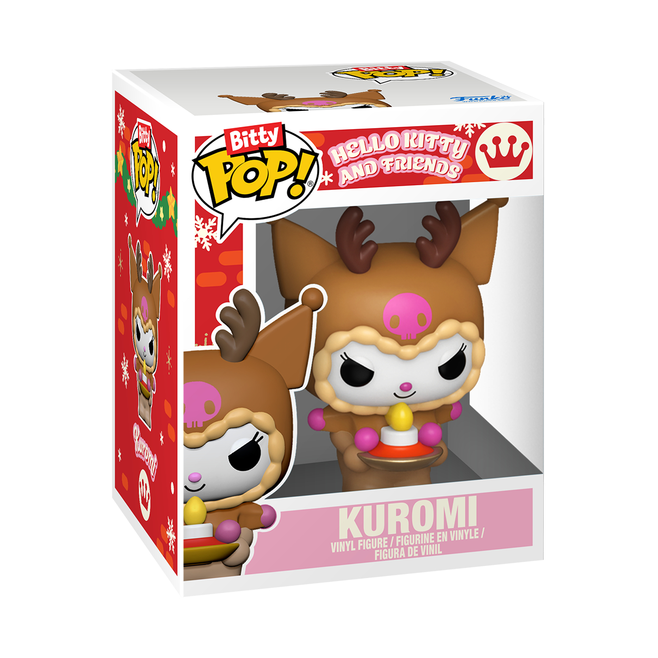 Kuromi Vinyl Figur im Rentier-Outfit mit Kerze, in Hello Kitty & Friends Bitty Pop! Box.