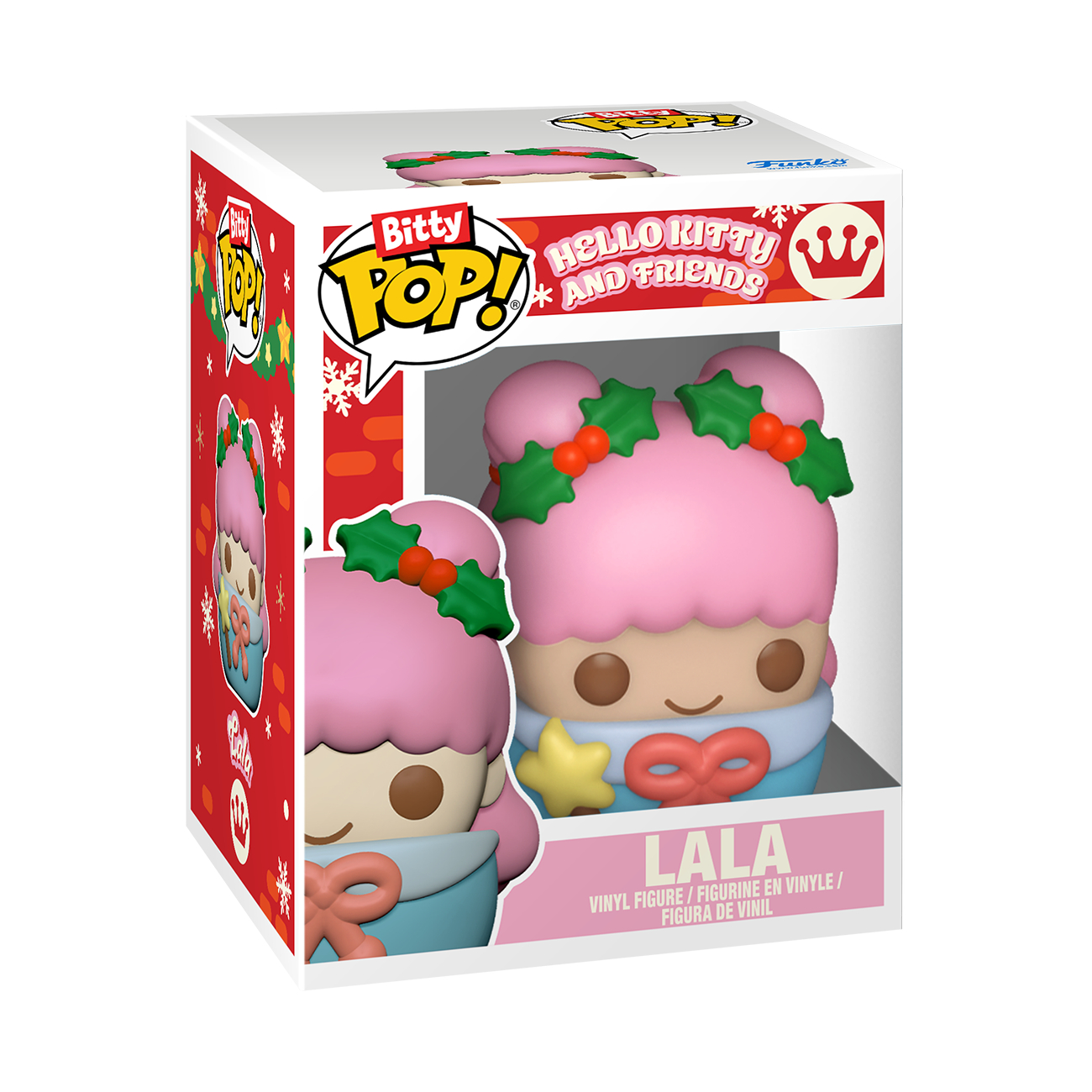 Funko Pop Vinyl Figur von Lala mit rosa Haaren, Weihnachtskranz, Stern und blauem Schal.