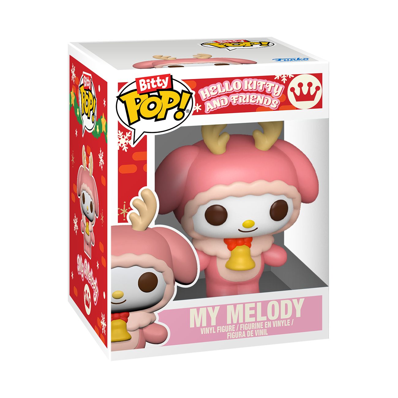 Eine rosa My Melody Vinyl Figur mit Rentiergeweih und Glocke in einer Box.