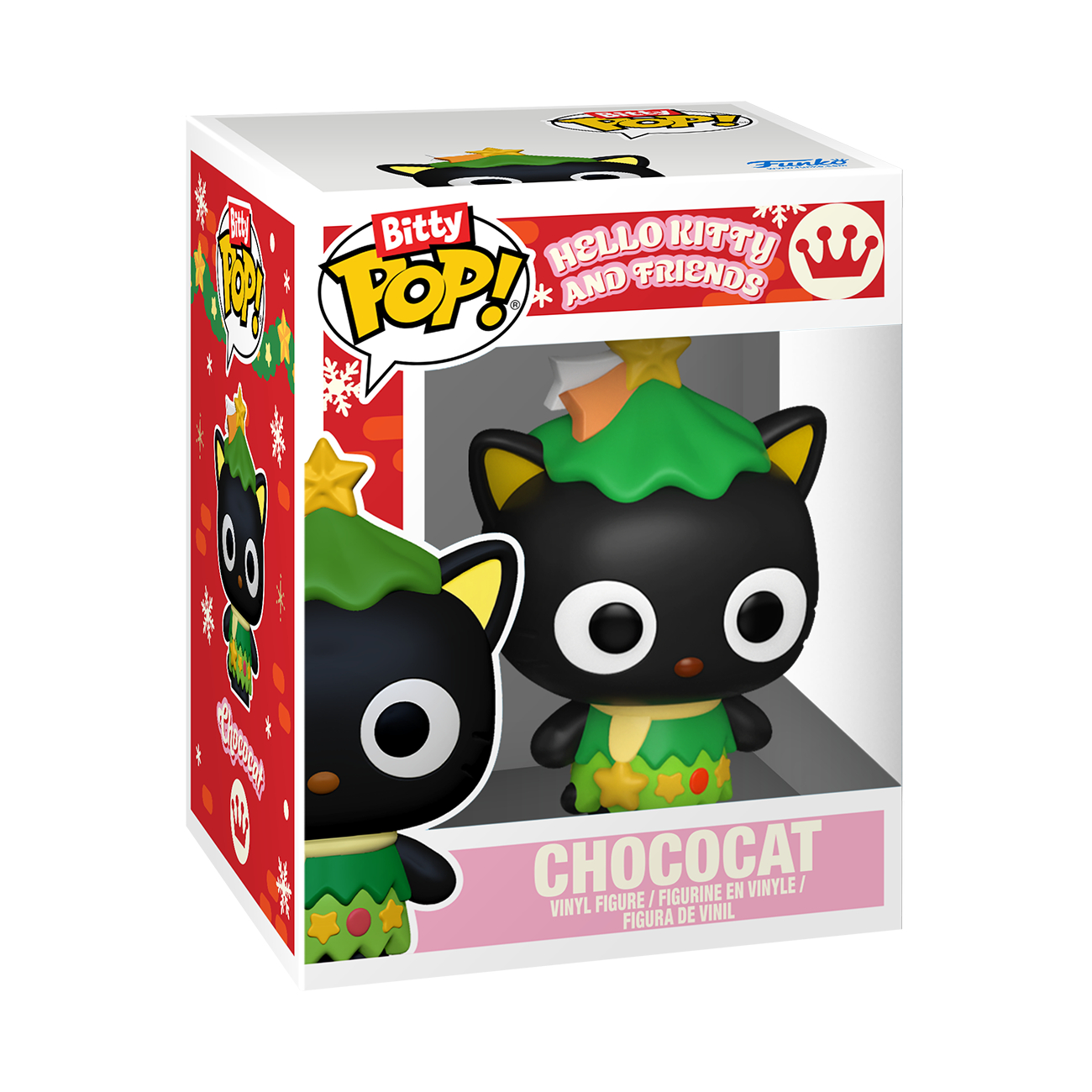 Schwarze Chococat-Figur im Fensterkarton mit Weihnachtsbaum-Kopfbedeckung.