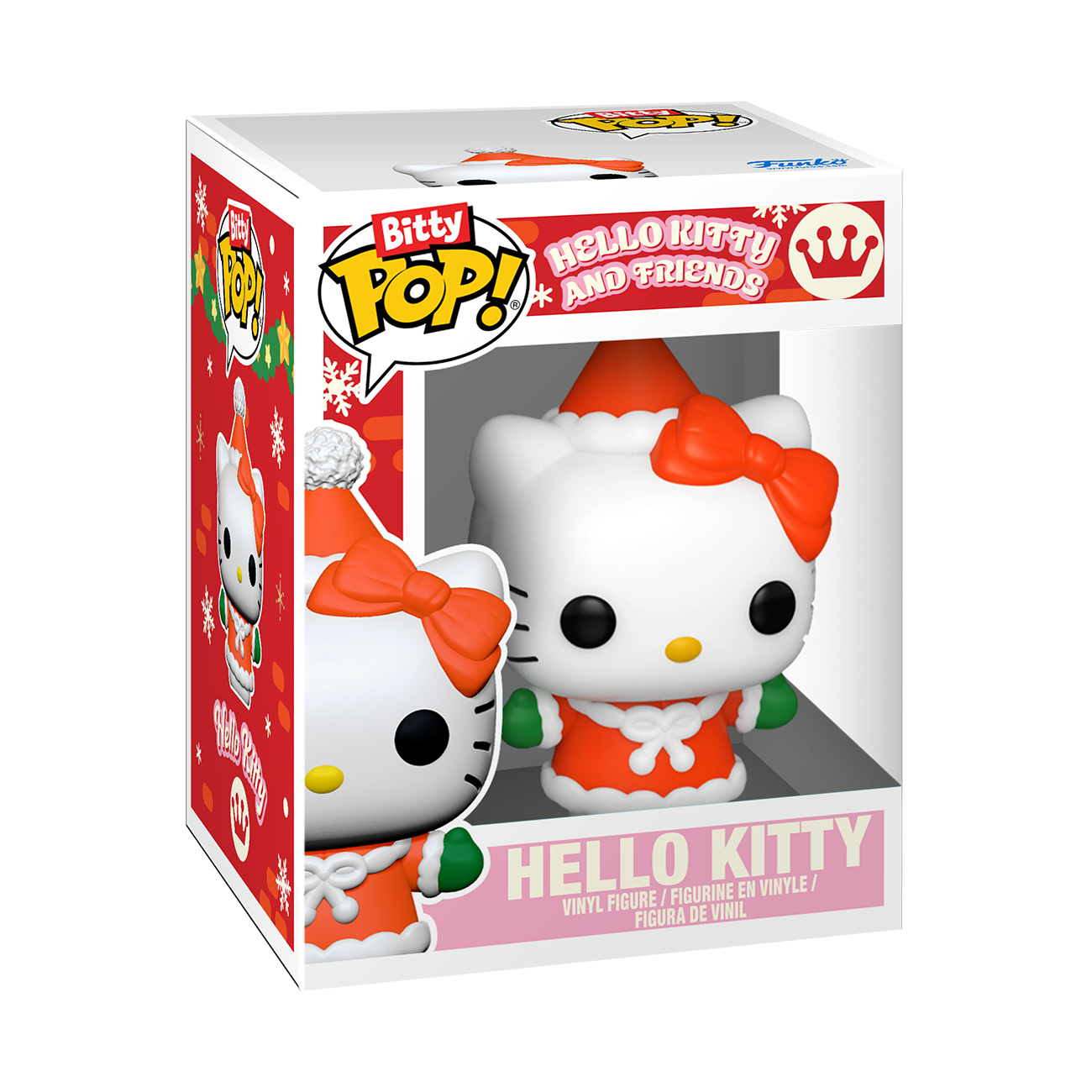 Ein Hello Kitty Vinyl-Pop!-Figur im Weihnachtskostüm mit rotem Kleid und Mütze.