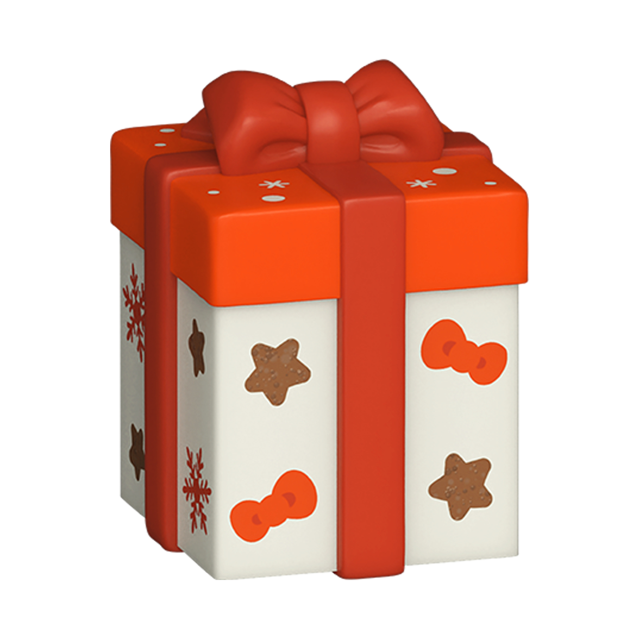 Ein Geschenkpaket mit roter Schleife und orangefarbenem Deckel.