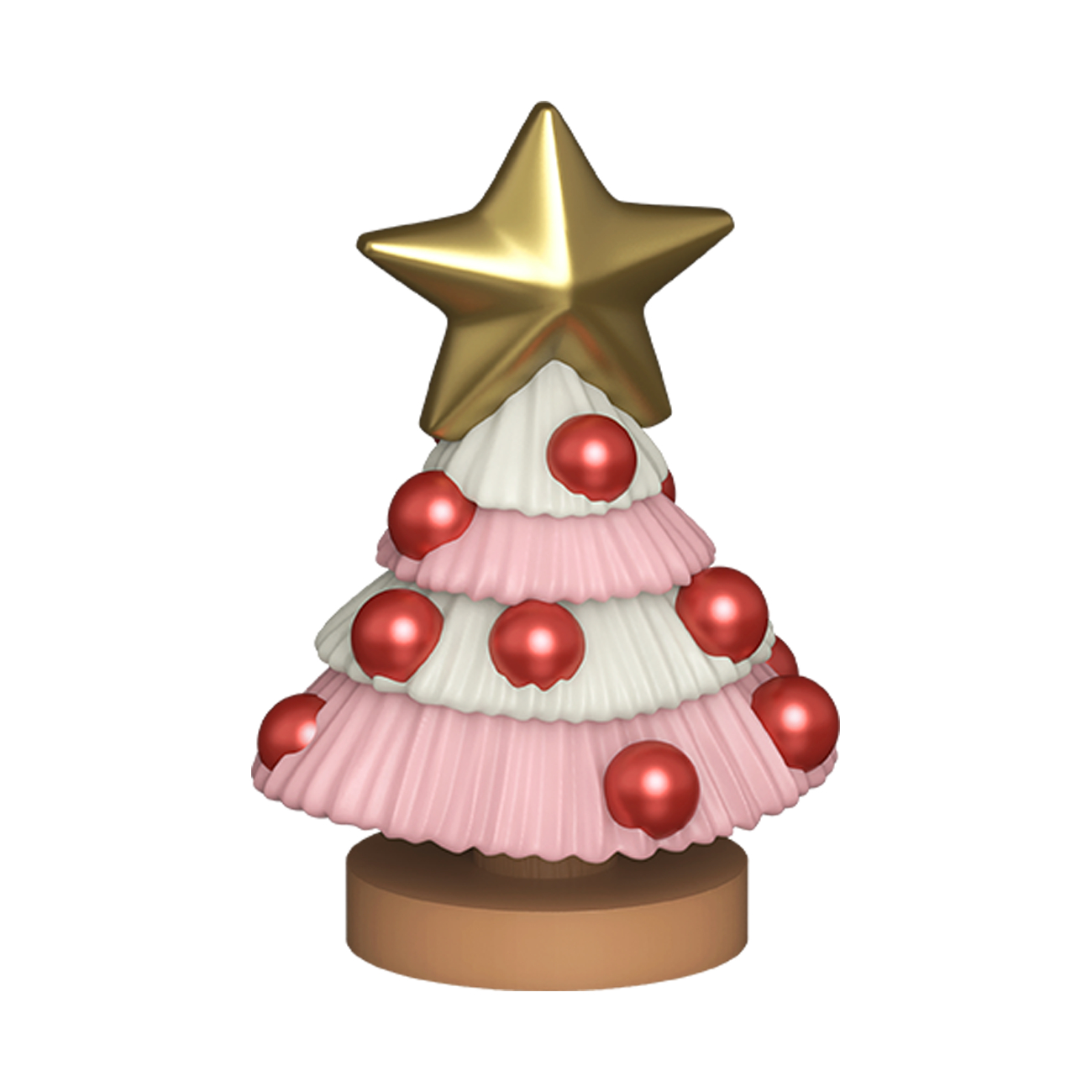 Ein festlicher Baum mit rosa und weißen Schichten, roten Kugeln und einem goldenen Stern.