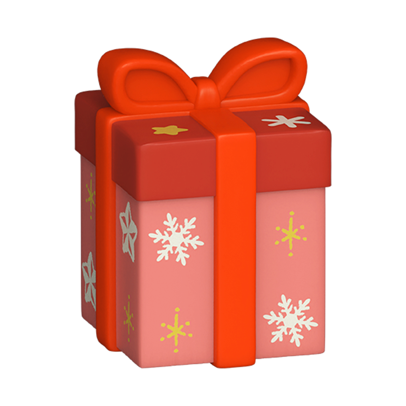 Ein rosa Geschenkpaket mit roten Bändern, Schneeflocken und Sternen.