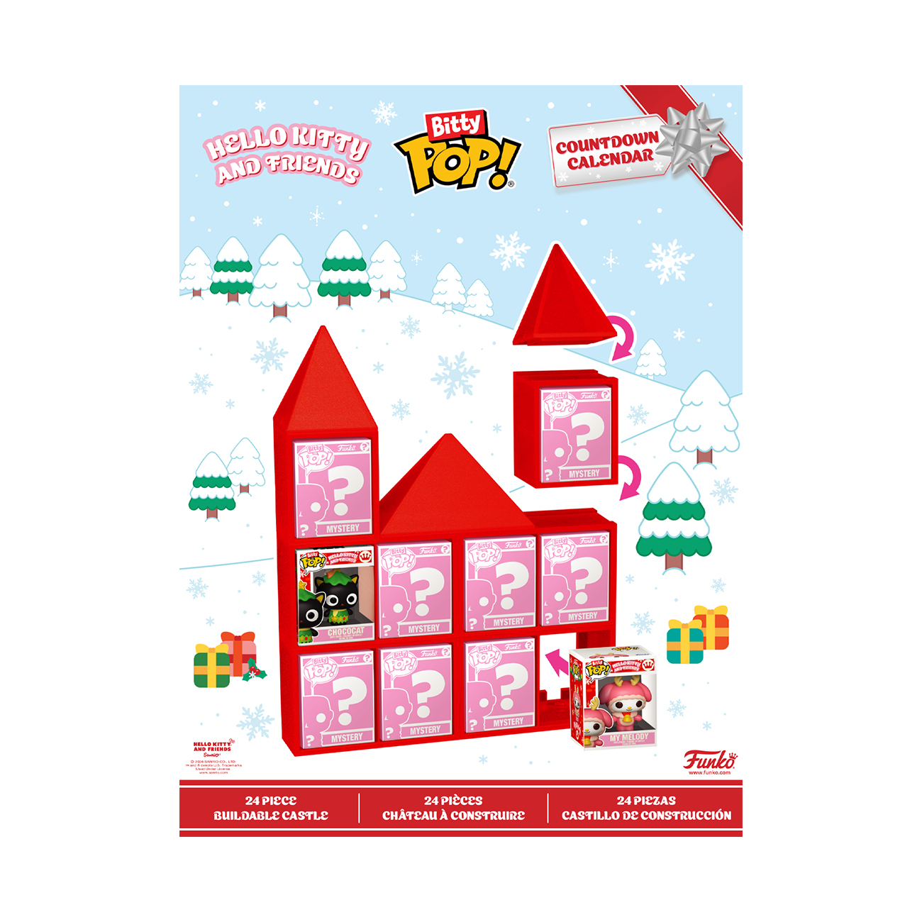 Ein rotes Schloss mit 24 Mystery-Boxen für einen Adventskalender, Hello Kitty Motiv.