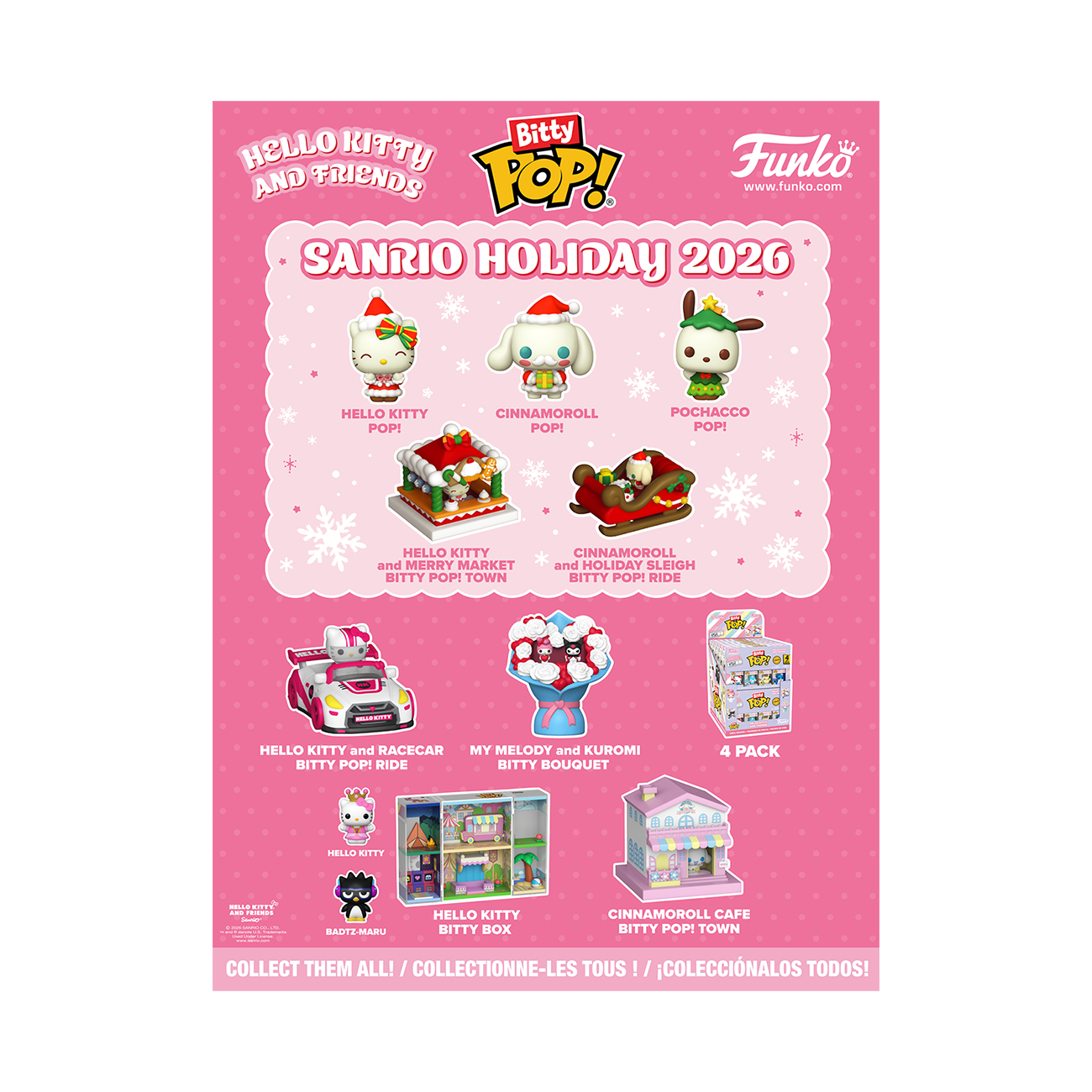 Bunte Sanrio Holiday 2026 Bitty Pop! Figuren, Fahrzeuge und Gebäude.