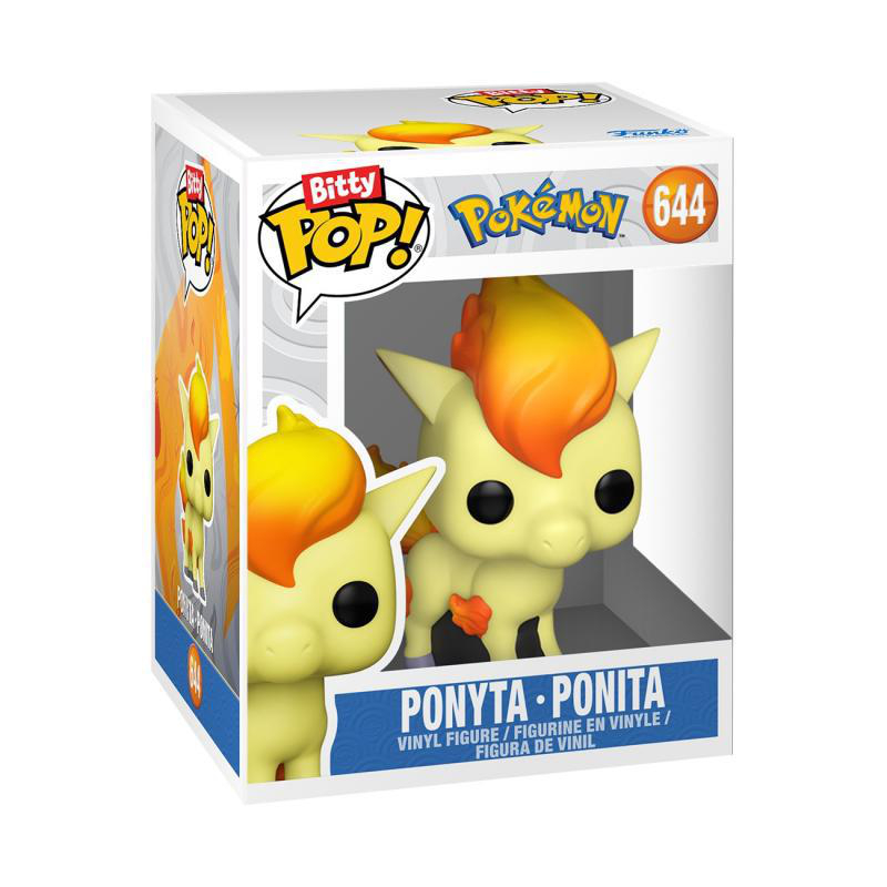 Funko Pop-Box mit zwei gelben Ponyta-Figuren mit orangefarbenen Mähnen und Schwänzen.