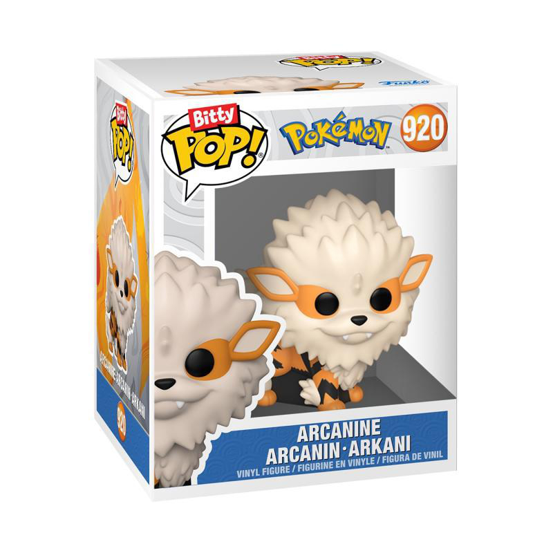 Zwei Arcanine Funko Pop Vinylfiguren in einer Box. Die Figuren sind weiß und orange.