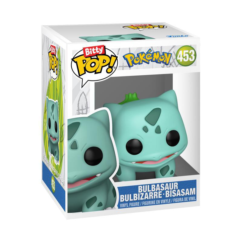 Zwei hellgrüne Bulbasaur Funko Pop! Figuren stehen vor einer Verpackung mit Pokémon-Logo.
