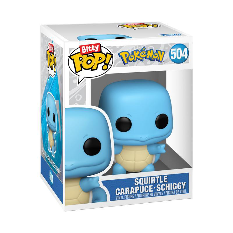 Eine Funko Pop!-Figur von Squirtle in einer Verpackung mit Pokémon-Logo.